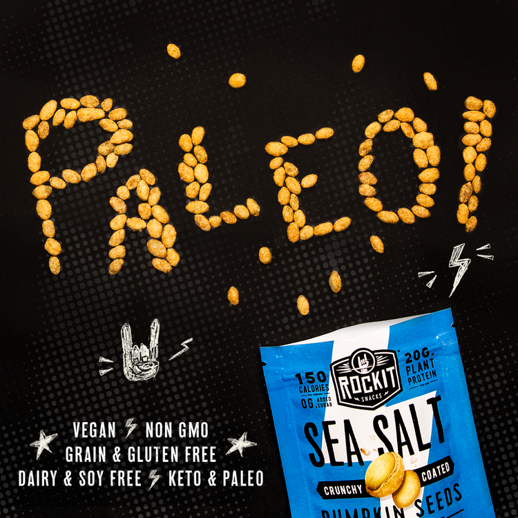 letters that spell Paleo created by small crunchy snacks on a black background and blue packaging. It reads Vegan, Non GMO, Grain & Gluten Free, Dairy & Soy Free, Keto & Paleo
