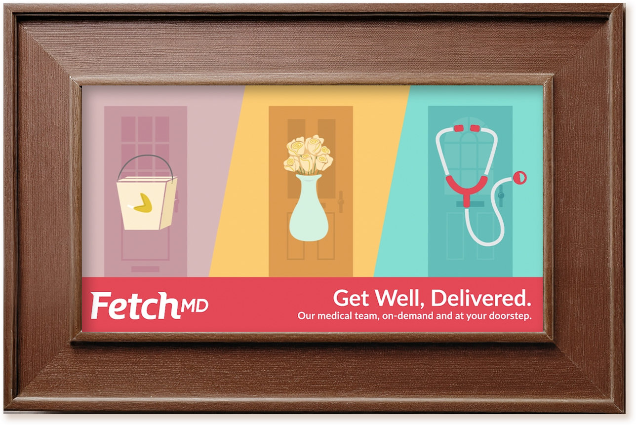 Wooden frame with screengrab from an ad to promote Fetch MD with illustrations of 3 doors with takeout, flowers and stethoscope in front of them.