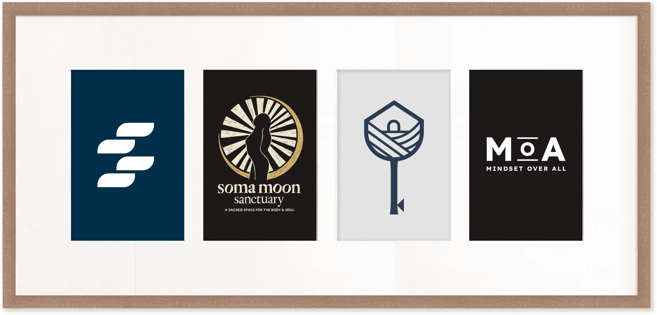 Framed collection of logos, Breedfi on a navy background, Soma Moon Sanctuary on a black background, Nest and Key on a gray background an Mindset Over All on a black background.