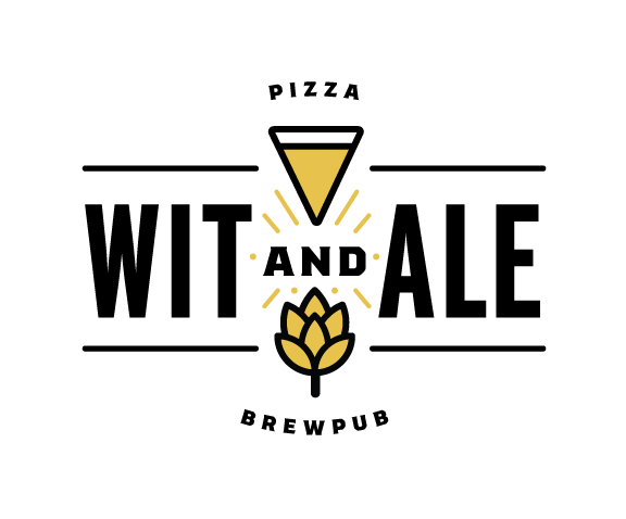 Wit and Ale Pizza and Brewpub logo with pizza and hops iconography