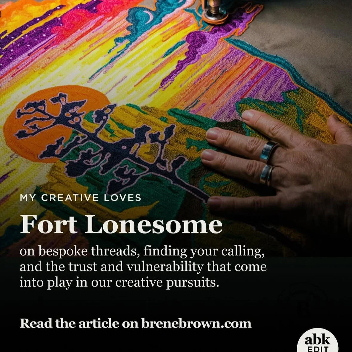 colorful threads in original art, "Fort Lonesome on bespoke threads, finding your calling, and the trust and vulnerability that come into play in our creative pursuits." Photo by Wynn Myers