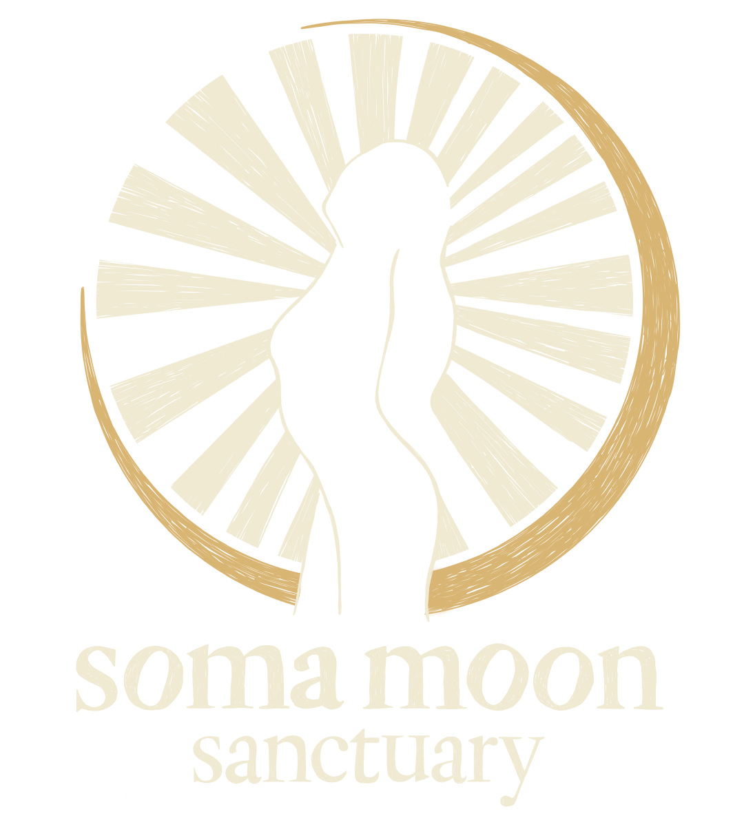 Soma Moon Sanctuary logo featuring an outline of a woman looking up with rays and a crescent moon making a circular frame behind her.