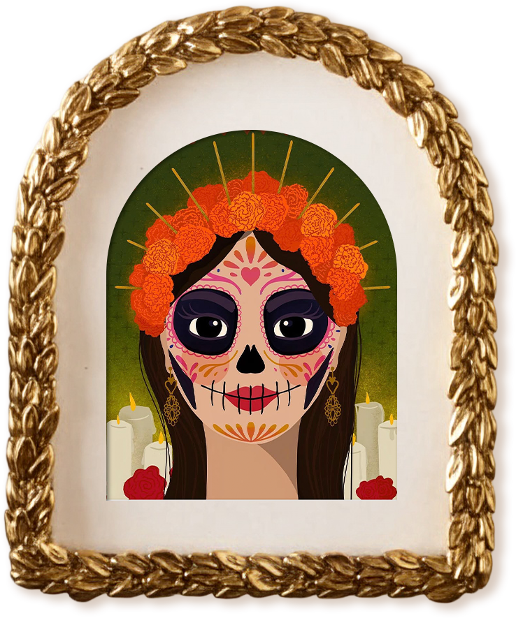 Arched golden frame with a photograph of a Dia de Los Muertos calavera illustration.