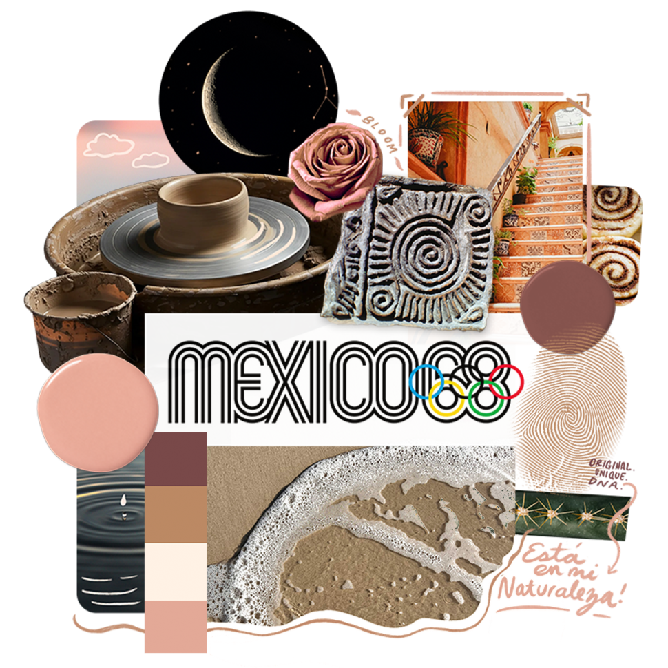 Collage of all pieces of inspiration, moon, rose, stairs, cinnamon roll, fingerprints, a ceramics wheel, Mexico 1968, beach and paint drips in colorscheme