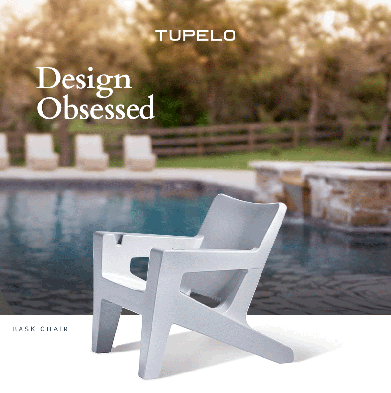 An animated framed header image featuring Tupelo's logo, "Design Obsessed" and their popular chairs in front of a pool.