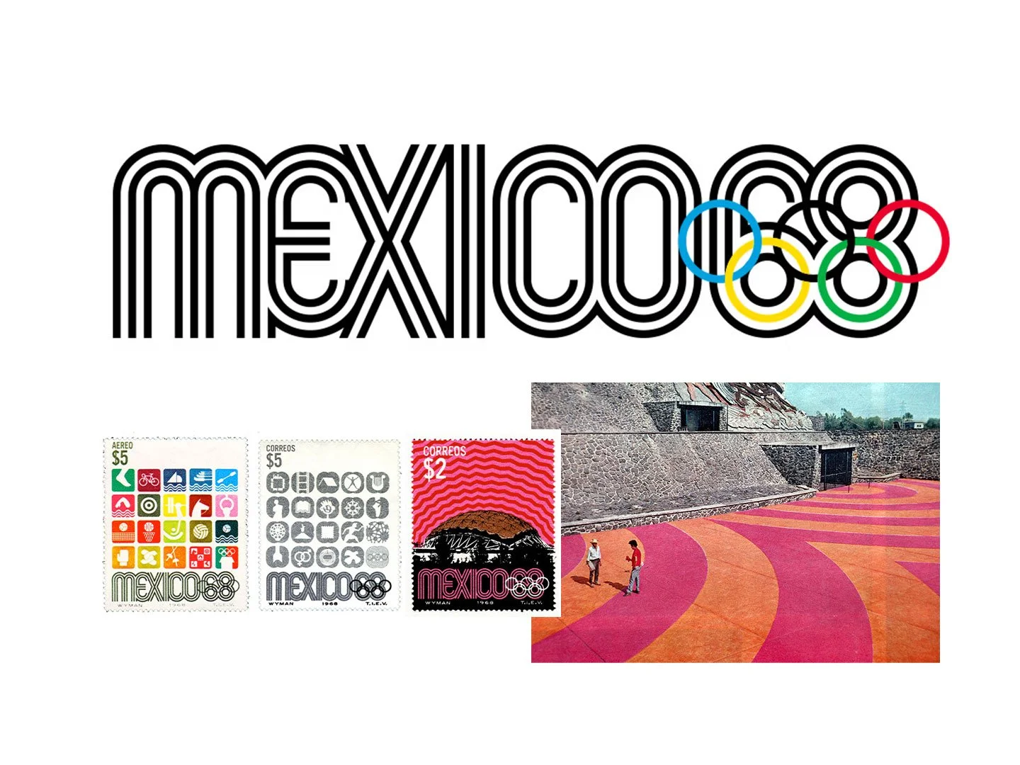 Collage of 1968 Olympic Games in Mexico City logo branding, a trio of stamp designs and a closeup of the stadium in bright orange and pink colors