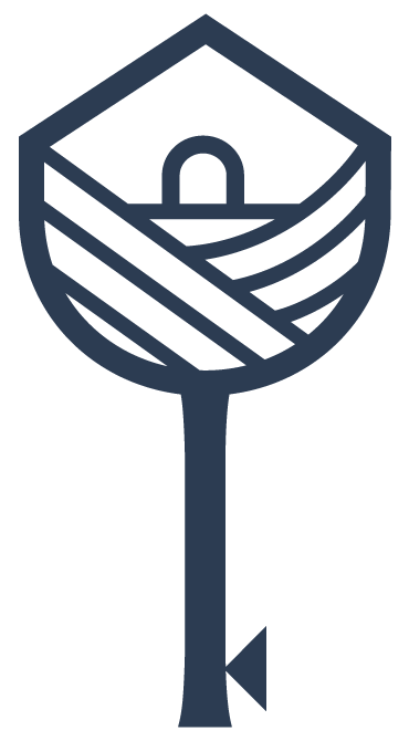 Nest & Key logo made up of a nest at the top of a key,  icon in gold, green, navy, cream and black