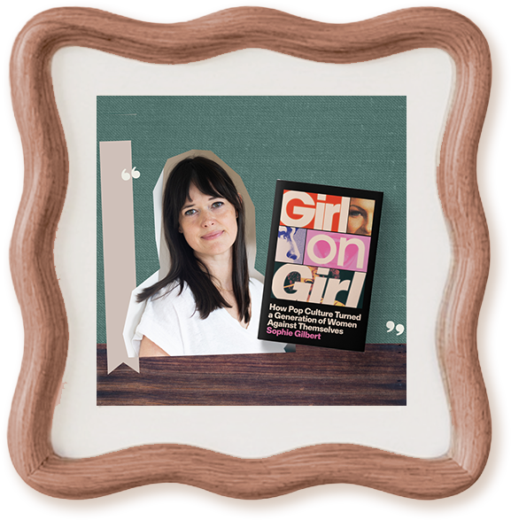 framed collage featuring a headshot of Sophie Gilbert and the cover of her book "Girl on Girl” on a sage backdrop used for The ABK Edit.
