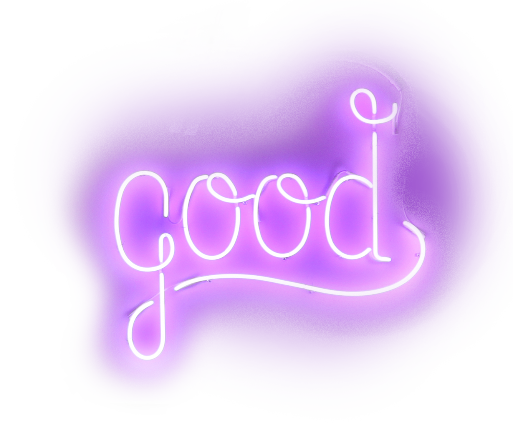 purple neon handlettered sign reading "good" in script.