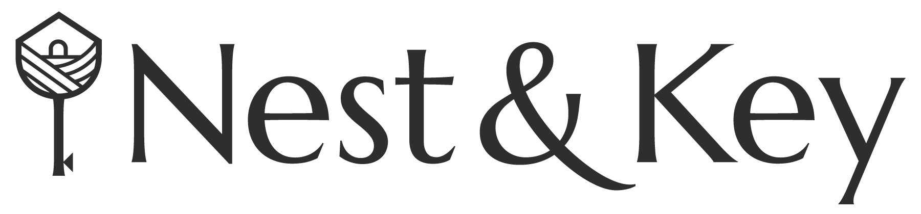 Nest & Key logo icon of a nest making up a key and company name in serif