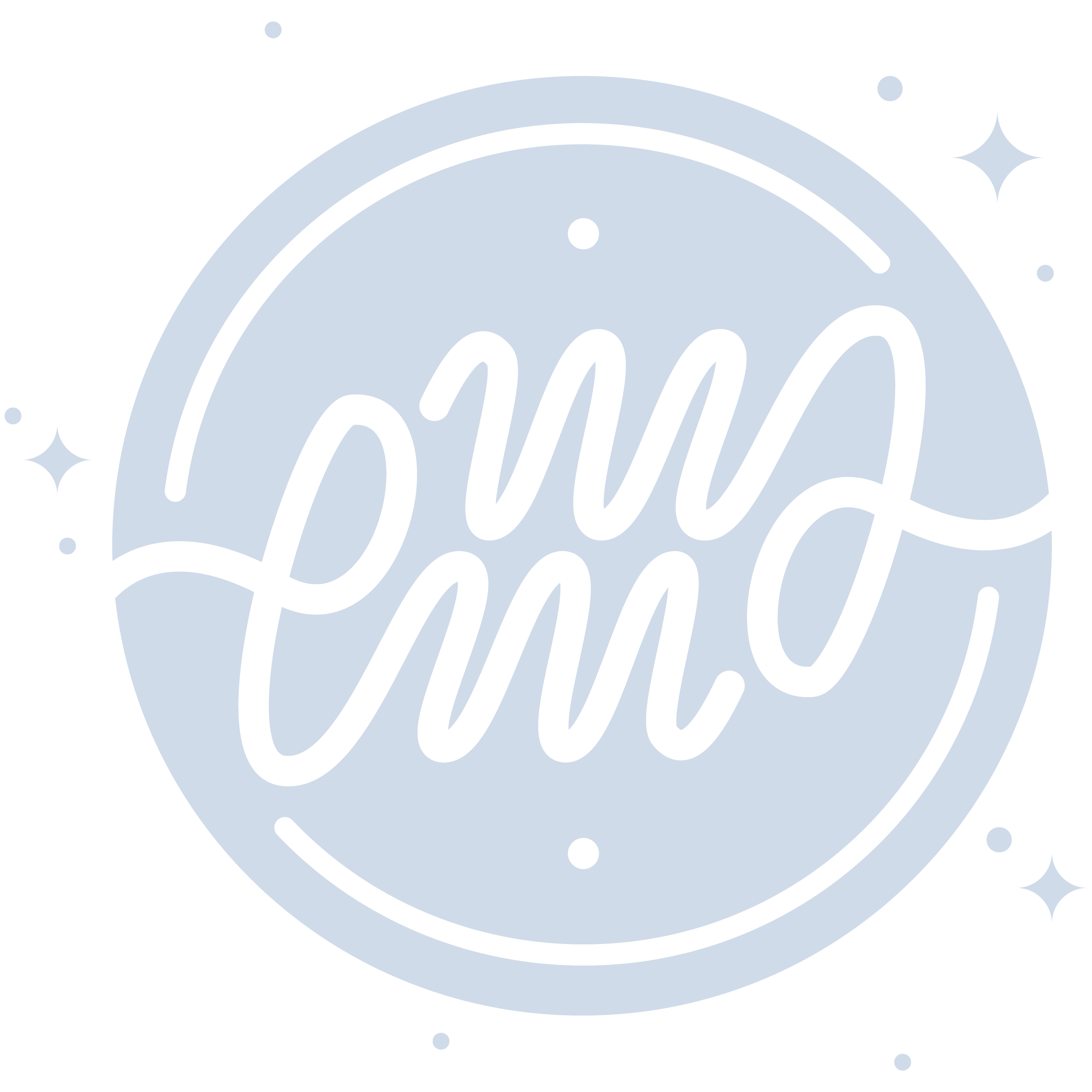 purple circular ambigram logo "Emma" in a circle and sparkle icons surrounding it