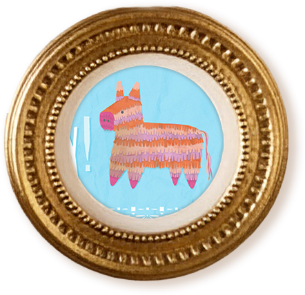 Gold, decorative circular frame featuring an illustration of a colorful piñata on a light blue background.