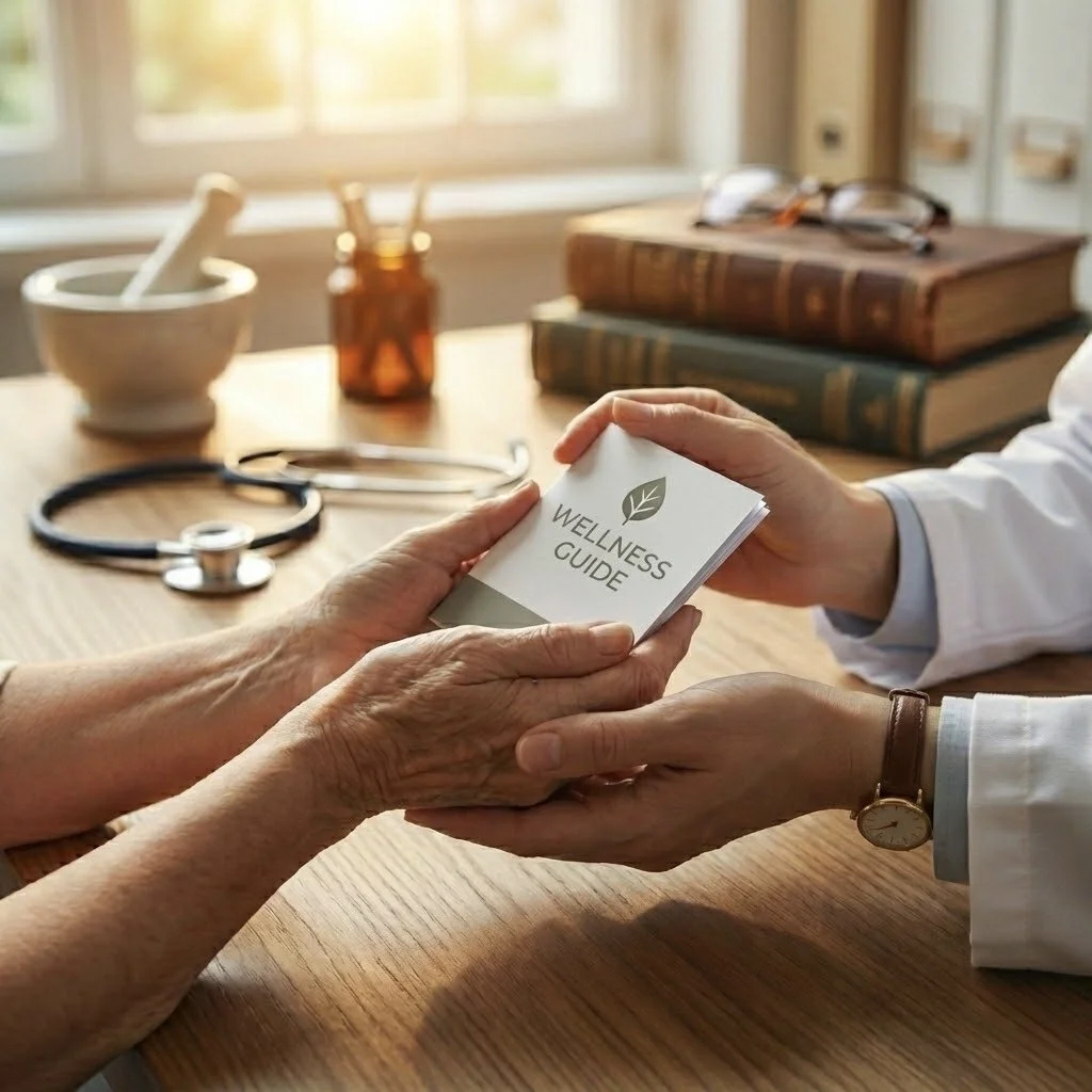 A healthcare professional giving a Wellness Guide booklet to an elderly patient in a medical office setting.