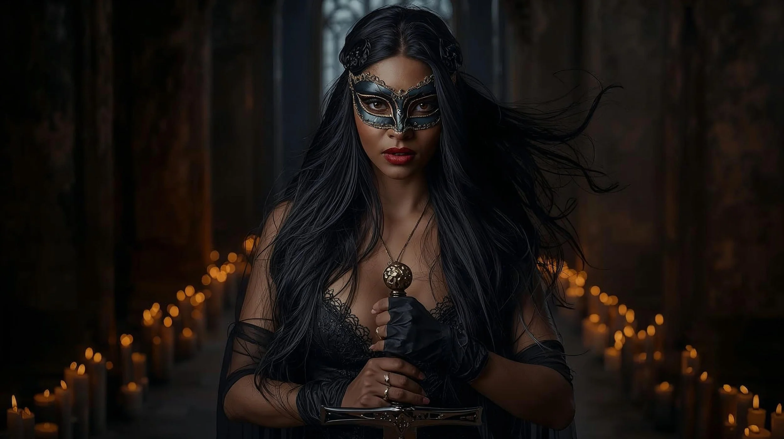 Create a picture of a Black woman with long back hair a masquerade mask on. She should look feminine, witchy, and sexy. She's in a dark castle, candle light all around her, waiting. Sh.jpg