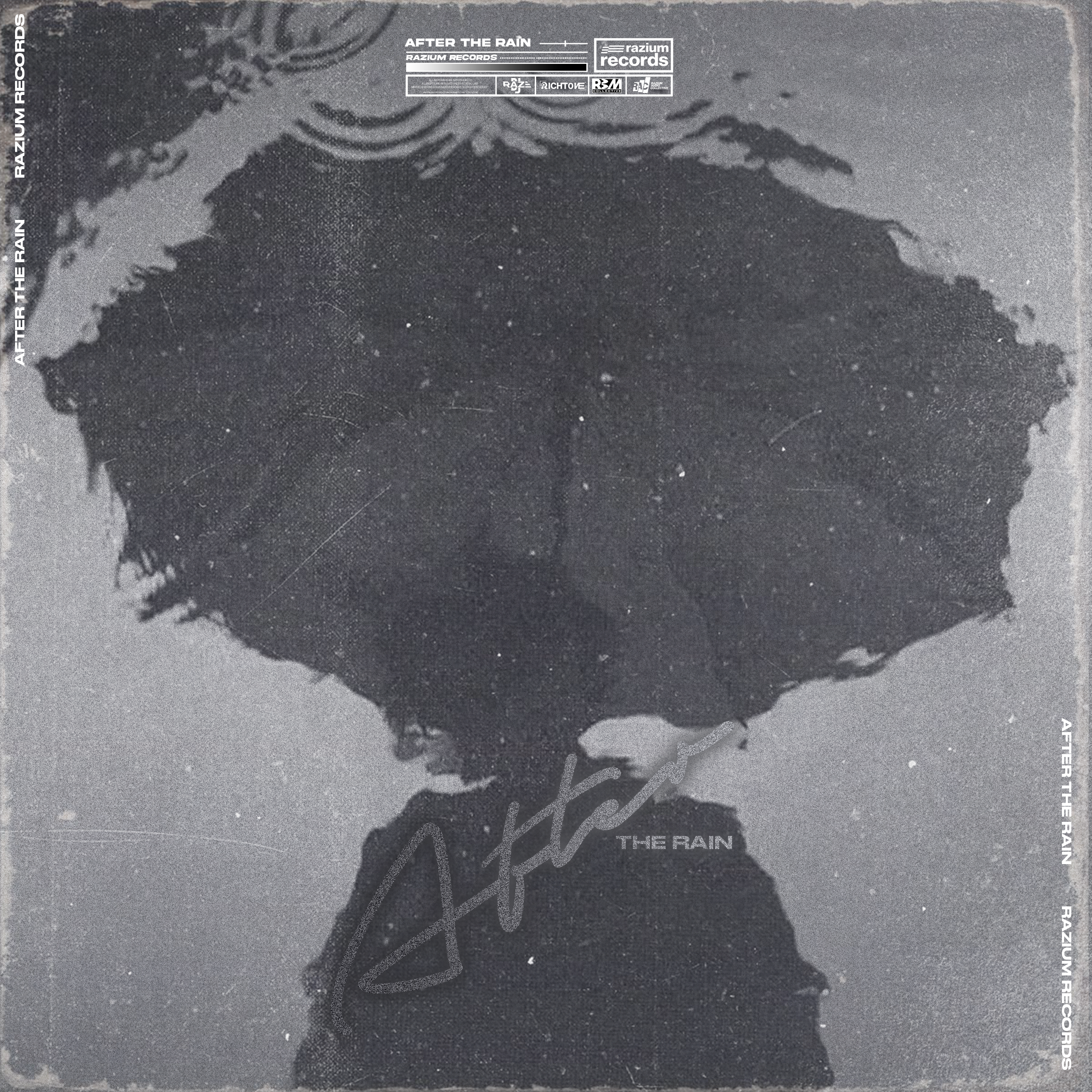 Black album cover titled 'After the Rain' with a distorted reflection of a person wearing a hoodie, and graffiti-style design.