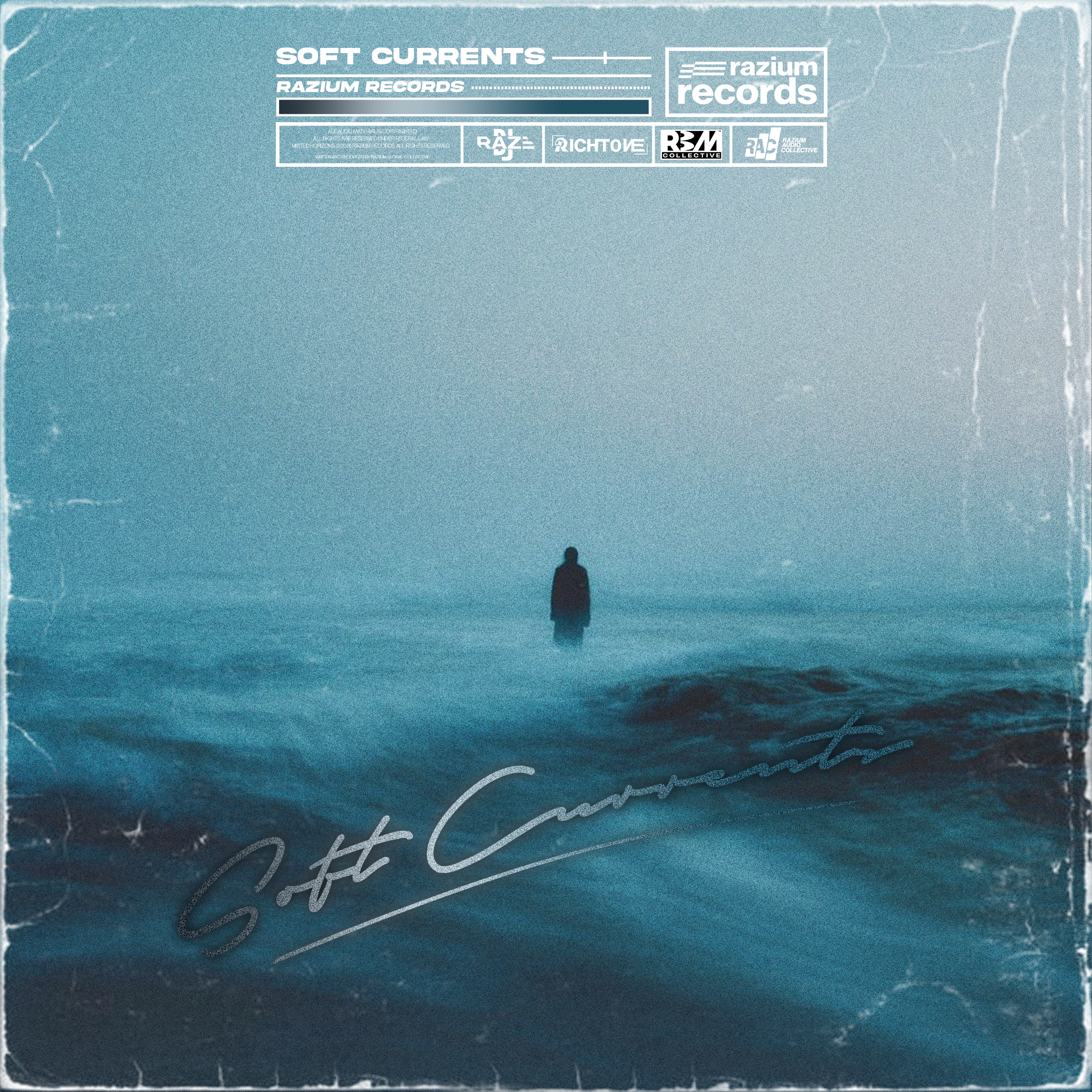 A person standing alone in the ocean, facing the horizon with a foggy or misty atmosphere, overlaid with text related to soft currents and Razium Records.