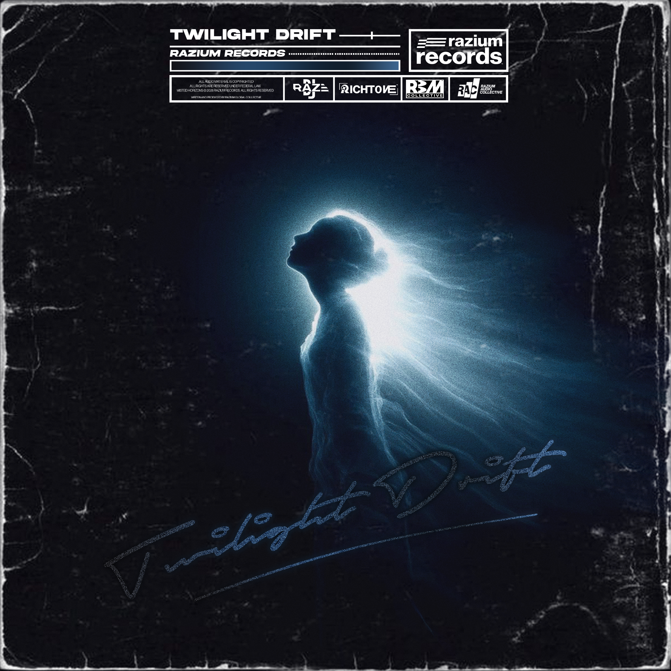 Album cover featuring a silhouette of a woman with her hair flowing, illuminated from behind with a glowing light, against a dark, textured background, with text indicating 'Twilight Drift' and 'Razium Records'.