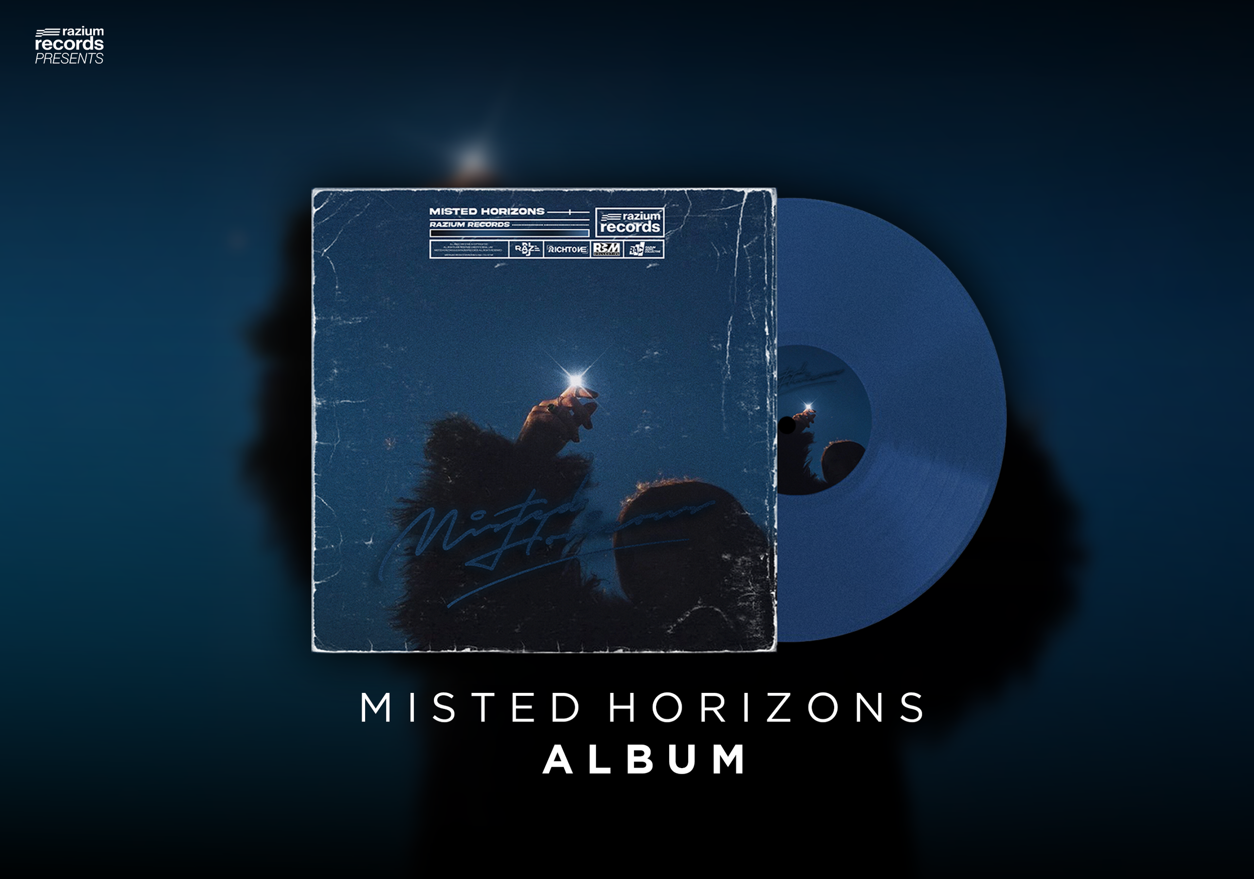 Album cover for Misted Horizons featuring a person underwater holding a phone with a bright spark at the tip, surrounded by a dark blue background, with a vinyl record and text indicating the album title and record label.