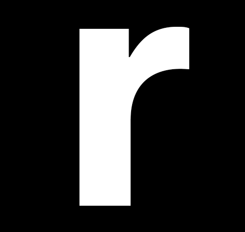 White lowercase letter 'r' on a black background.