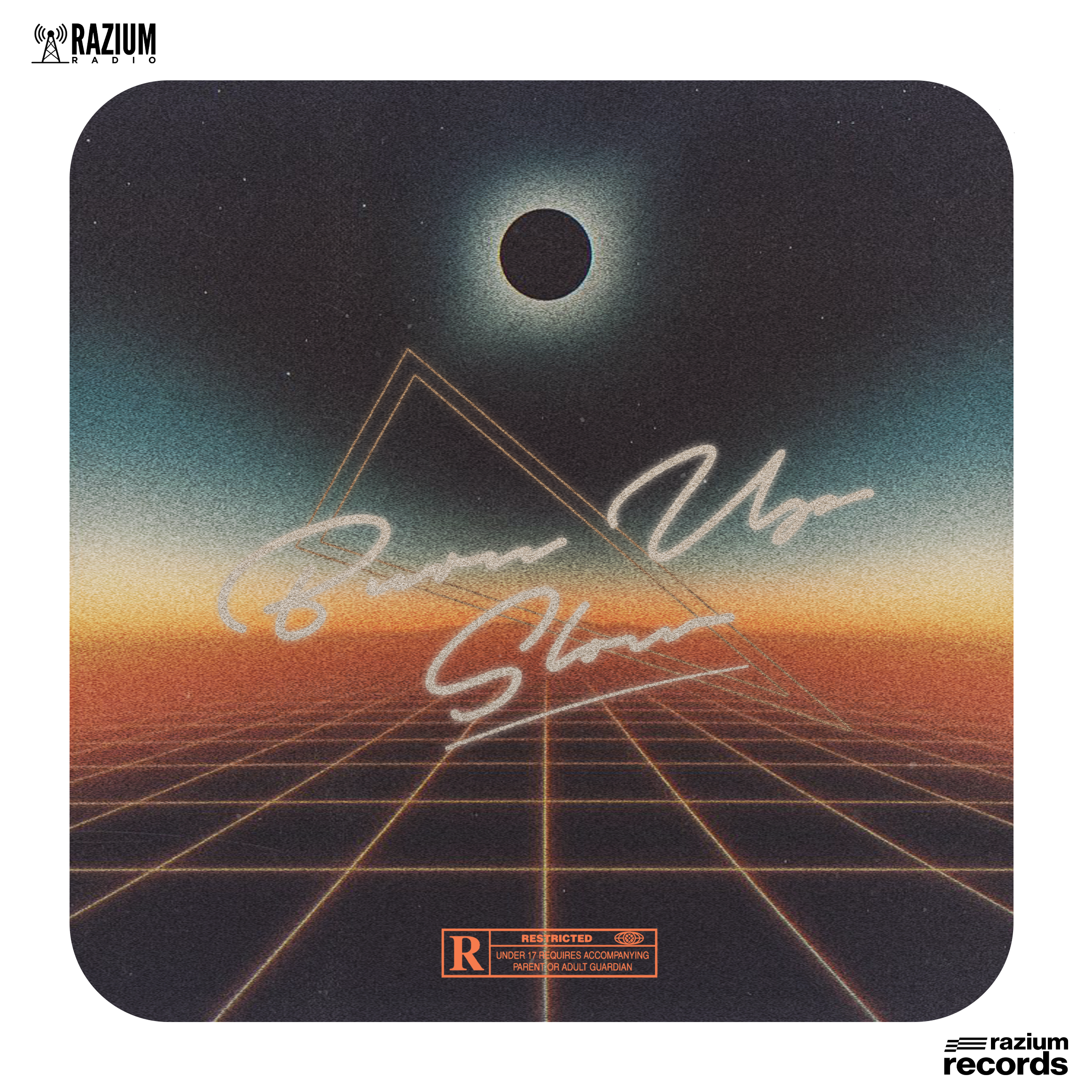 A digital artwork depicting a retro-futuristic landscape with a glowing grid in the foreground, a horizon with gradient colors from yellow to orange to dark red, a night sky with stars, and a solar eclipse. Overlayed is a wireframe triangle and styli