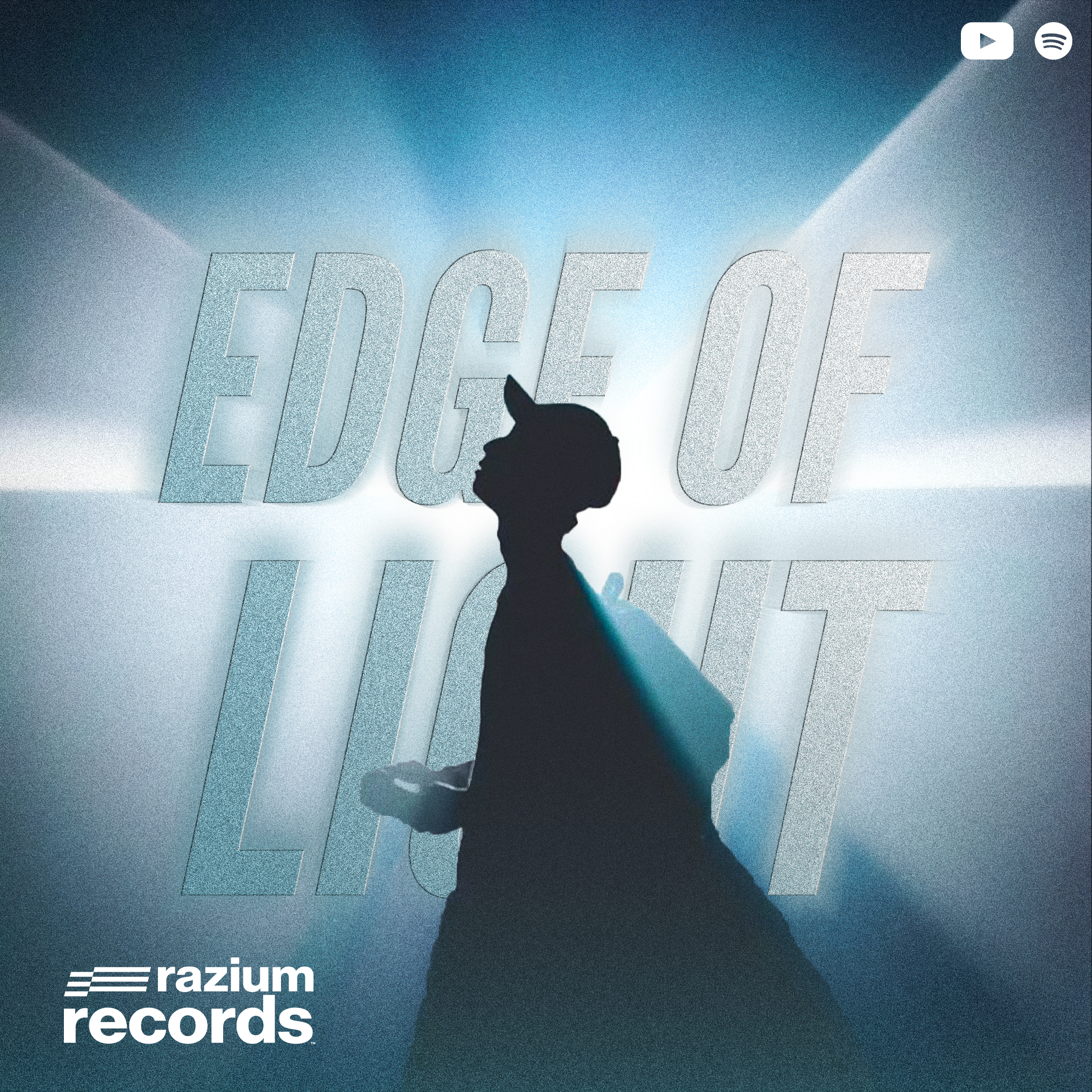Silhouette of a person with a unicorn horn standing in front of a bright, illuminated sign that says "EDGE OF LIGHT" with razzum records logo in the corner.
