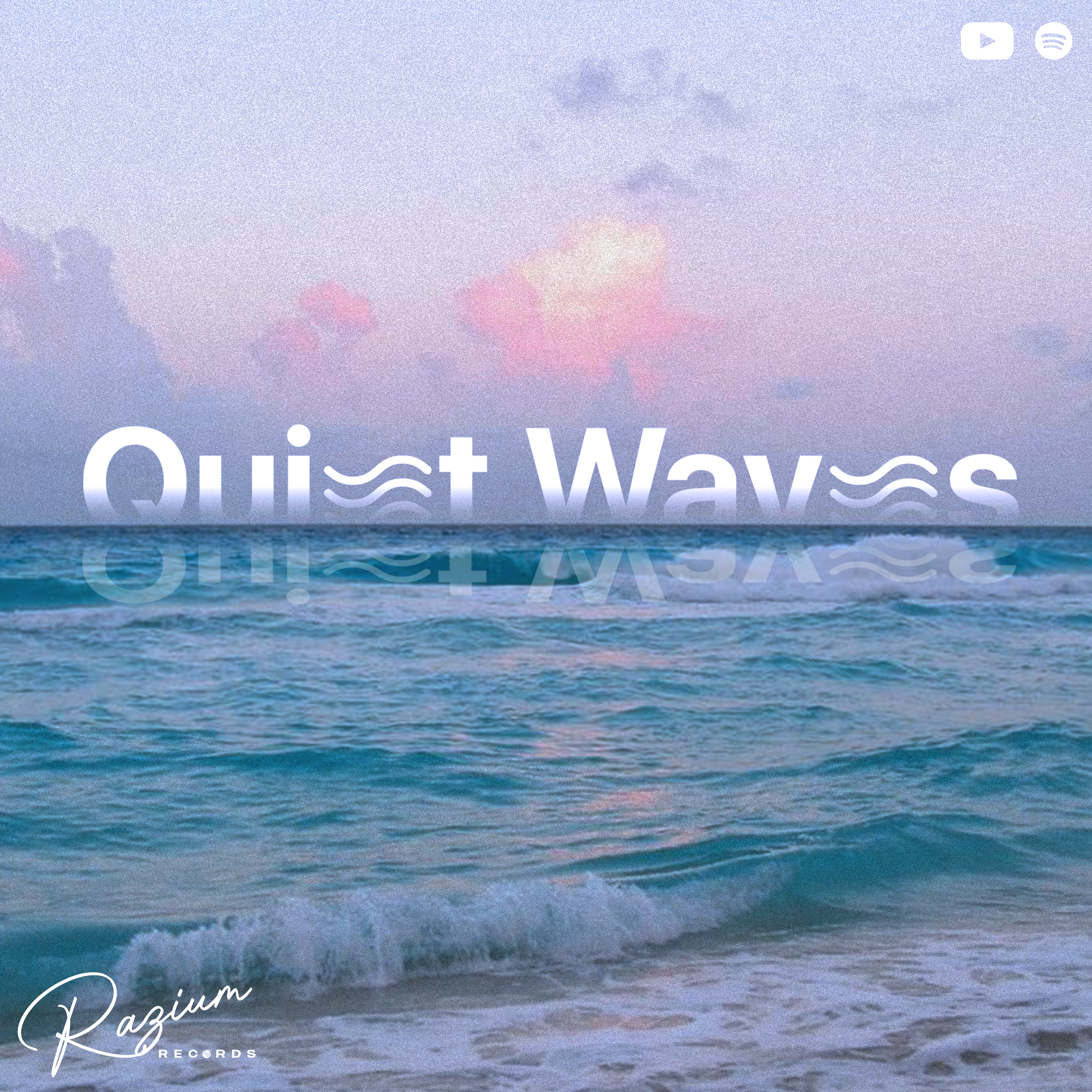 A beach scene with waves approaching the shore during sunset or sunrise, with the sky showing pastel colors and faint clouds.