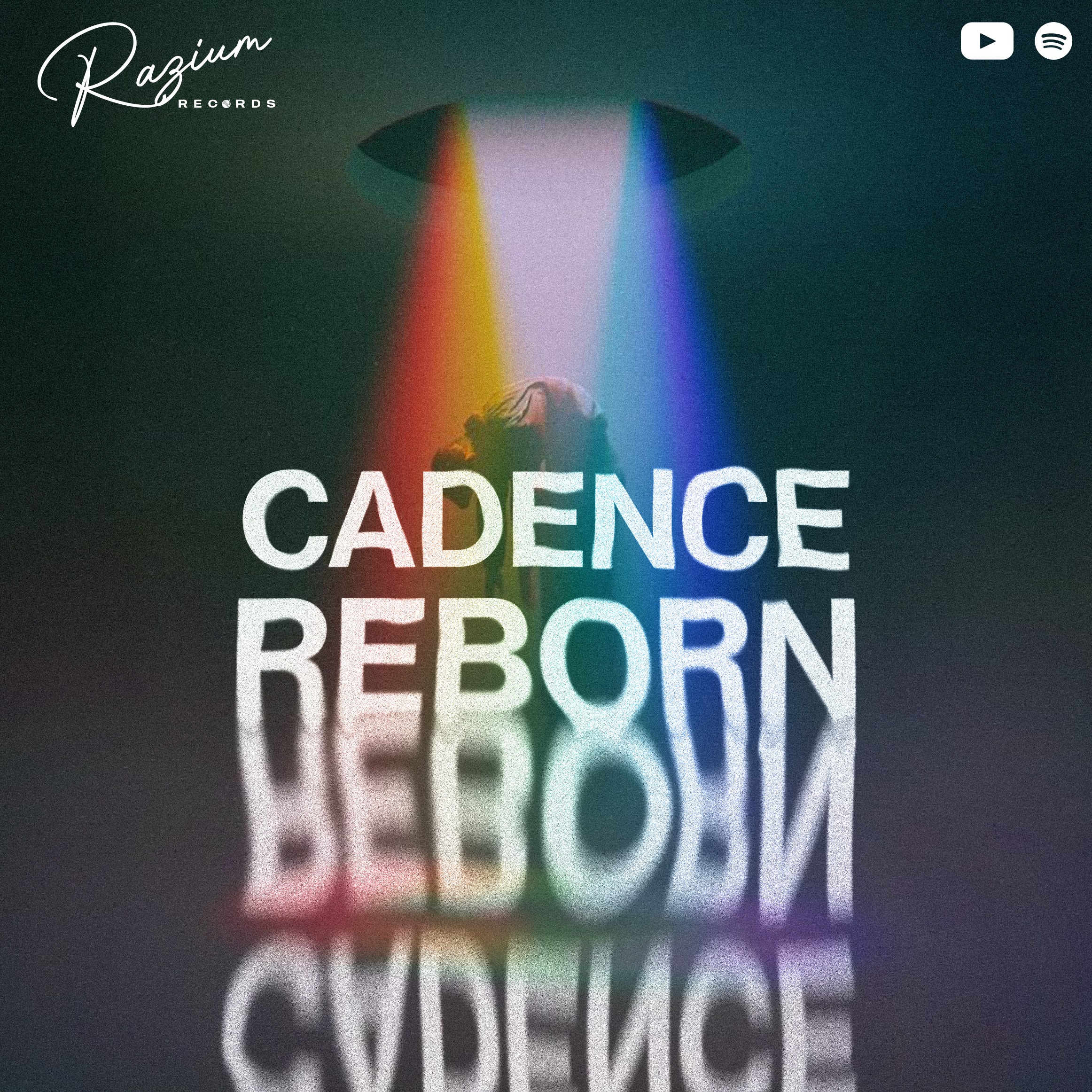 A vinyl record album cover with a dark background, the word 'Radiant' in cursive font in the top left corner, and the title 'CADENCE' written multiple times in bold capital letters with rainbow colors towards the bottom. A person's head with long hai