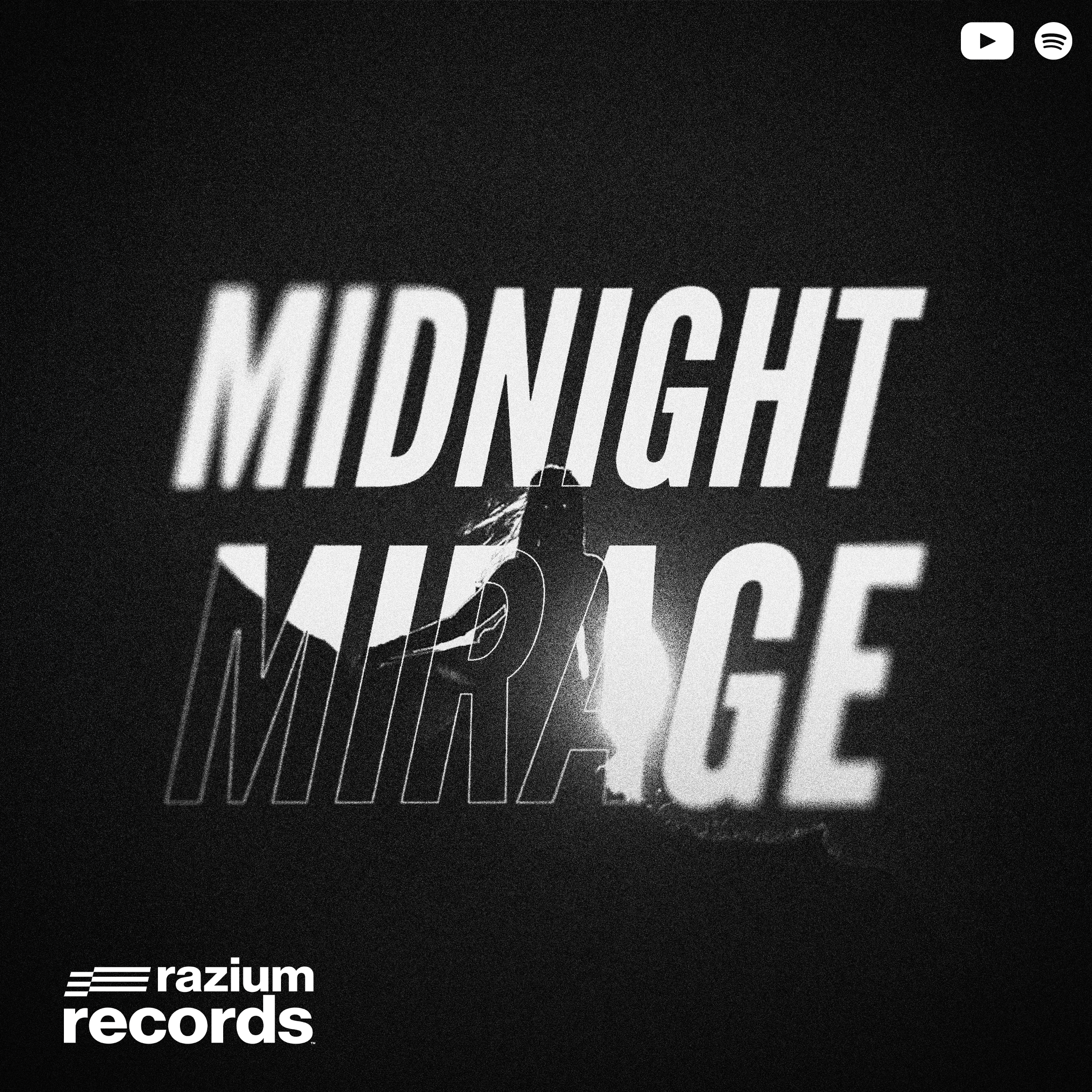 Black and white promotional image with the text 'MIDNIGHT MIRAGE' in large, bold letters. A woman's silhouette is in the background, with a bright light behind her. The bottom left corner displays the Razium Records logo.