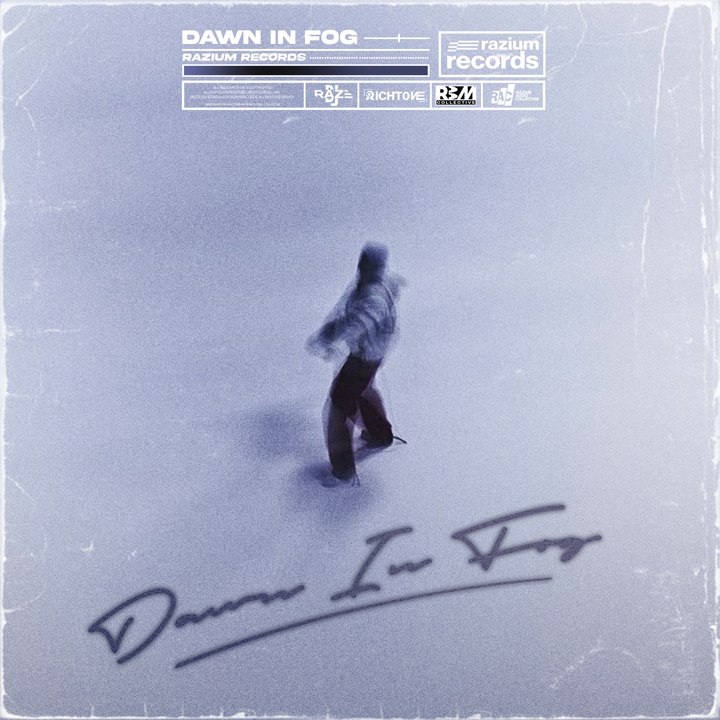 An album cover titled 'Dawn In Fog' by Razium Records. It features an abstract, blurry image of a person wearing dark clothing, walking on a foggy or snowy surface. The cover has a vintage, worn look with a grayish-blue color tone and white text at t