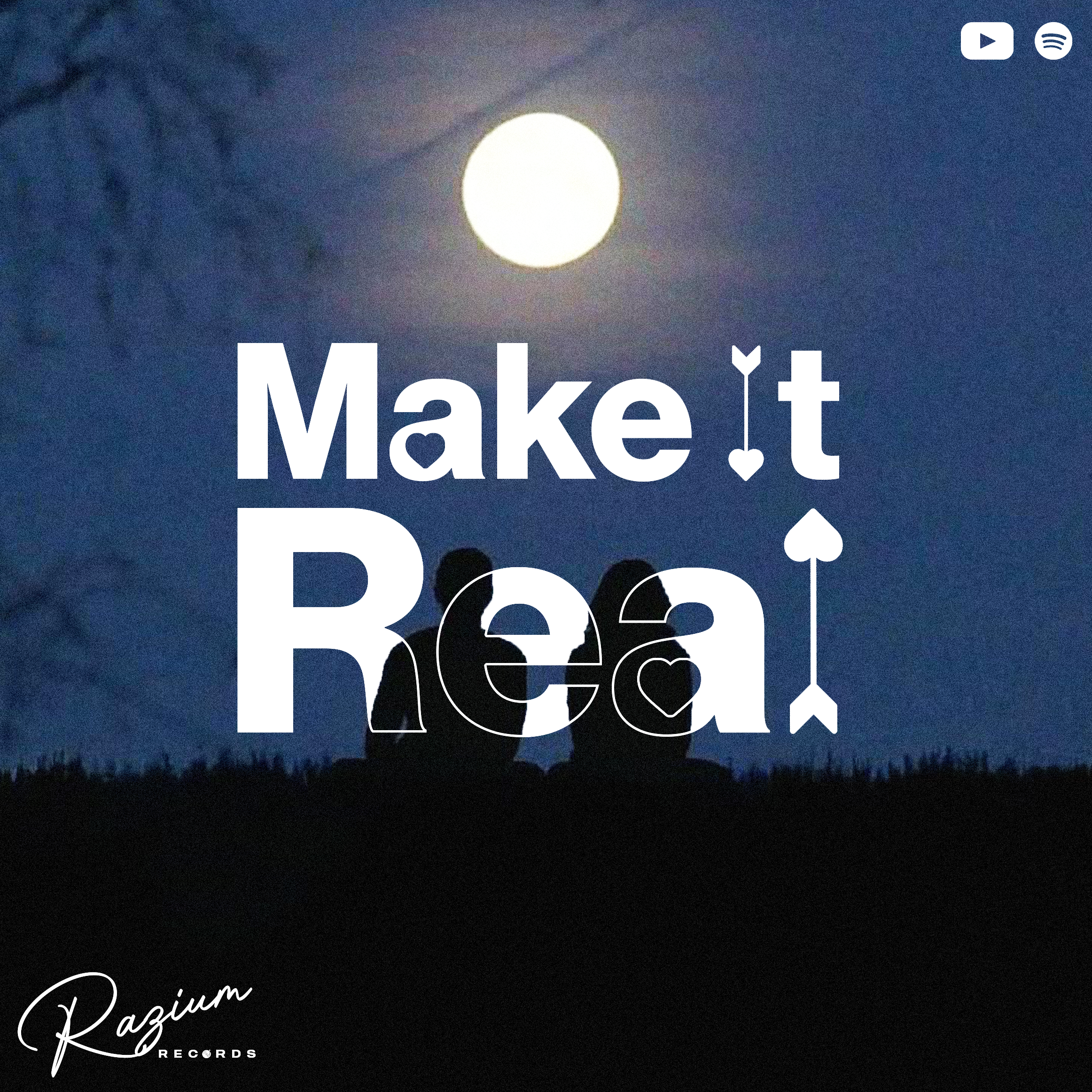 Night sky with full moon and silhouettes of trees, text overlay reads "Make it" and handwritten "Raziim Records."