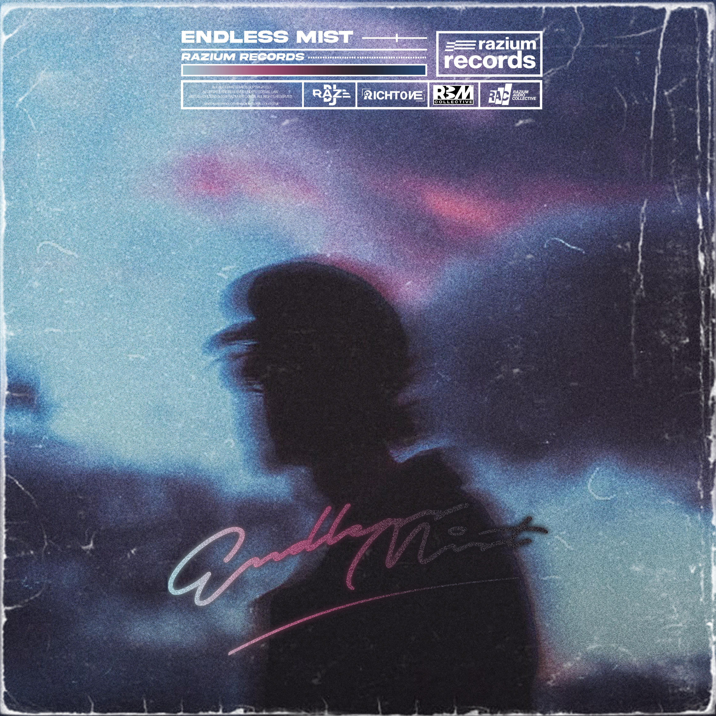 An album cover featuring a silhouette of a person against a colorful, cloudy sky with a nostalgic, retro vibe. The text on the cover reads "ENDLESS MIST" and "RAZIUM RECORDS."