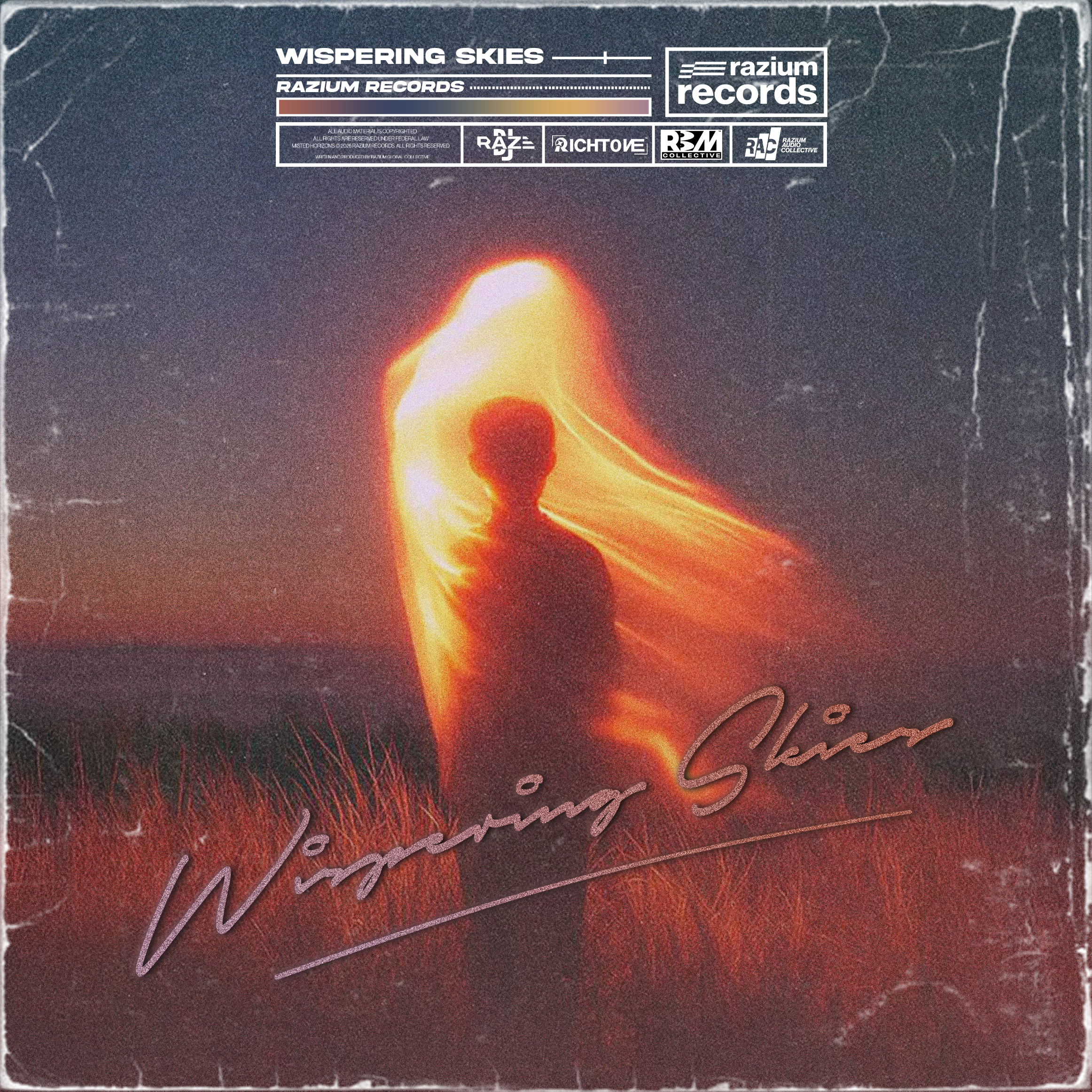 An album cover titled "Wings of Skin" by Whispering Skies, featuring silhouettes of a person standing in a field with a bright fiery light behind them, creating a glowing effect around the figure, with a dark, textured border.