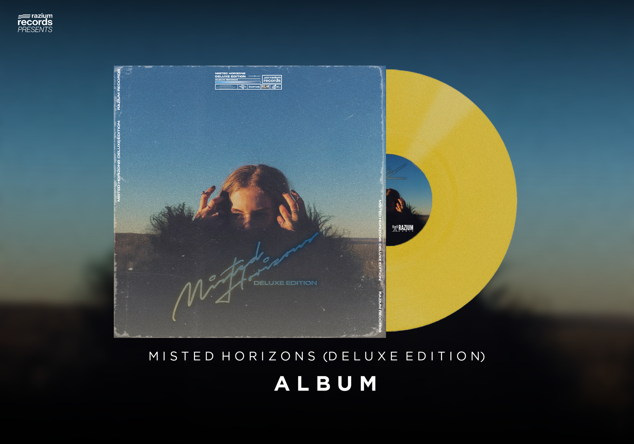 Image of a yellow vinyl record, with album cover art of a woman with headphones, set against a blue sky background. Text overlay reads "Misted Horizons (Deluxe Edition) Album".