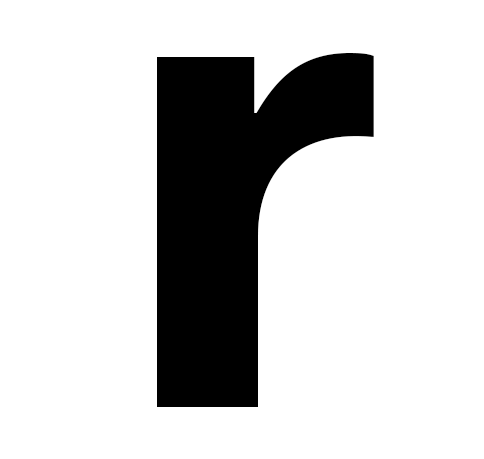 A large, black letter 'r' on a white background.