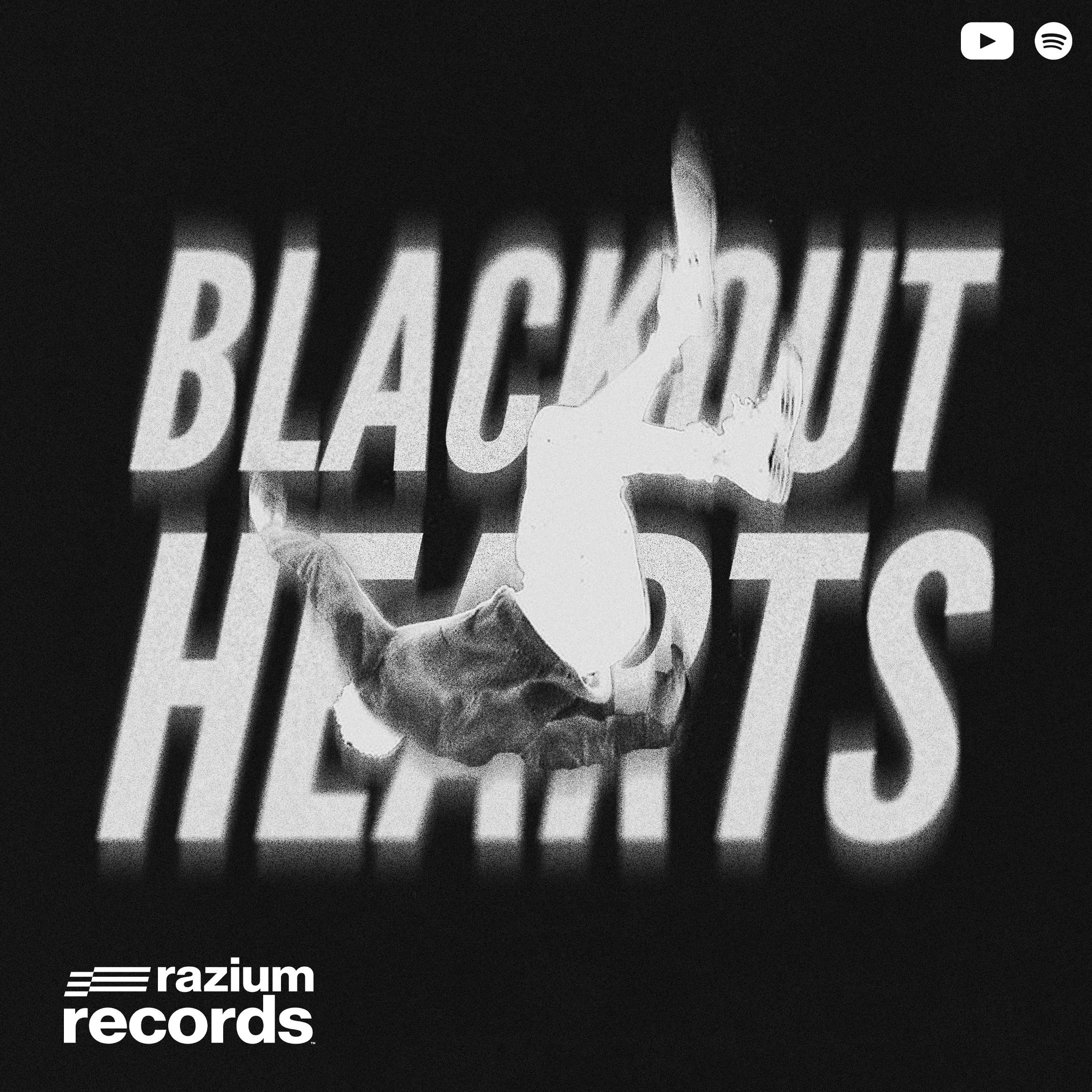 Blackout Hits album cover with a silhouette of a woman falling and large text reading 'Blackout Hits' and the Razium Records logo.
