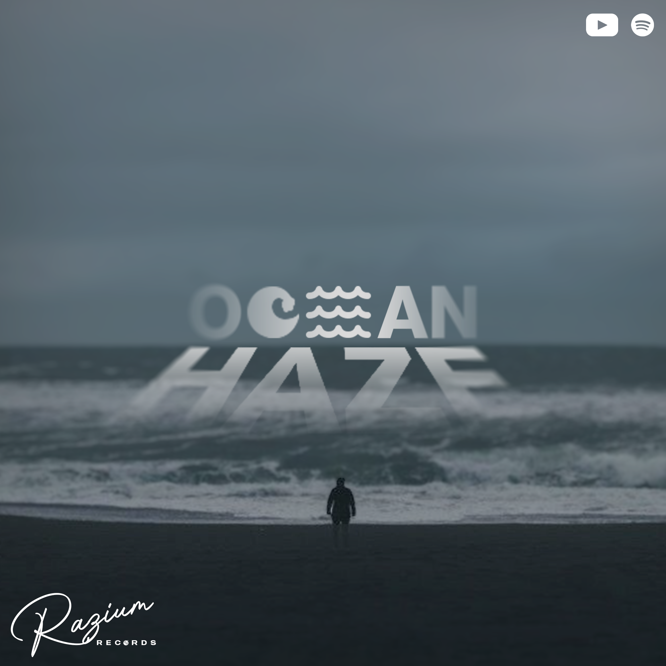 A person standing on a beach at sunset, facing the ocean, with the word 'Ocean' visible at the bottom of the image and a logo that reads 'Razium Records' in the lower left corner.