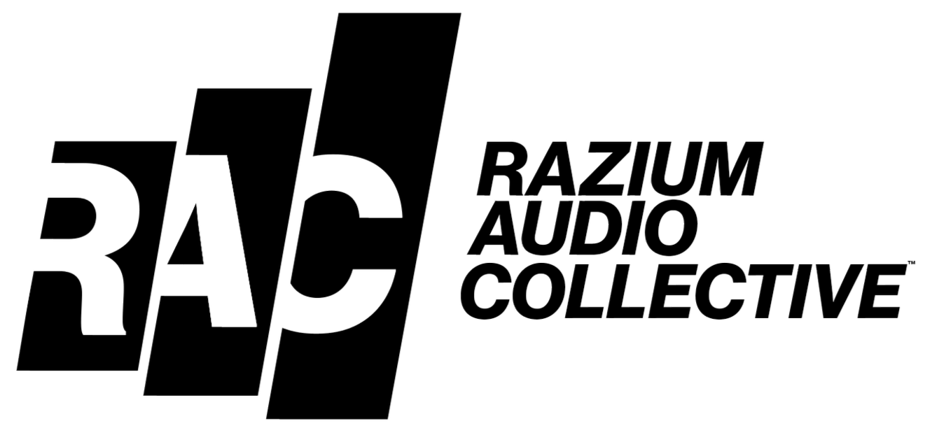 Logo for Razium Audio Collective featuring stylized black and white text with the acronym R.A.C.