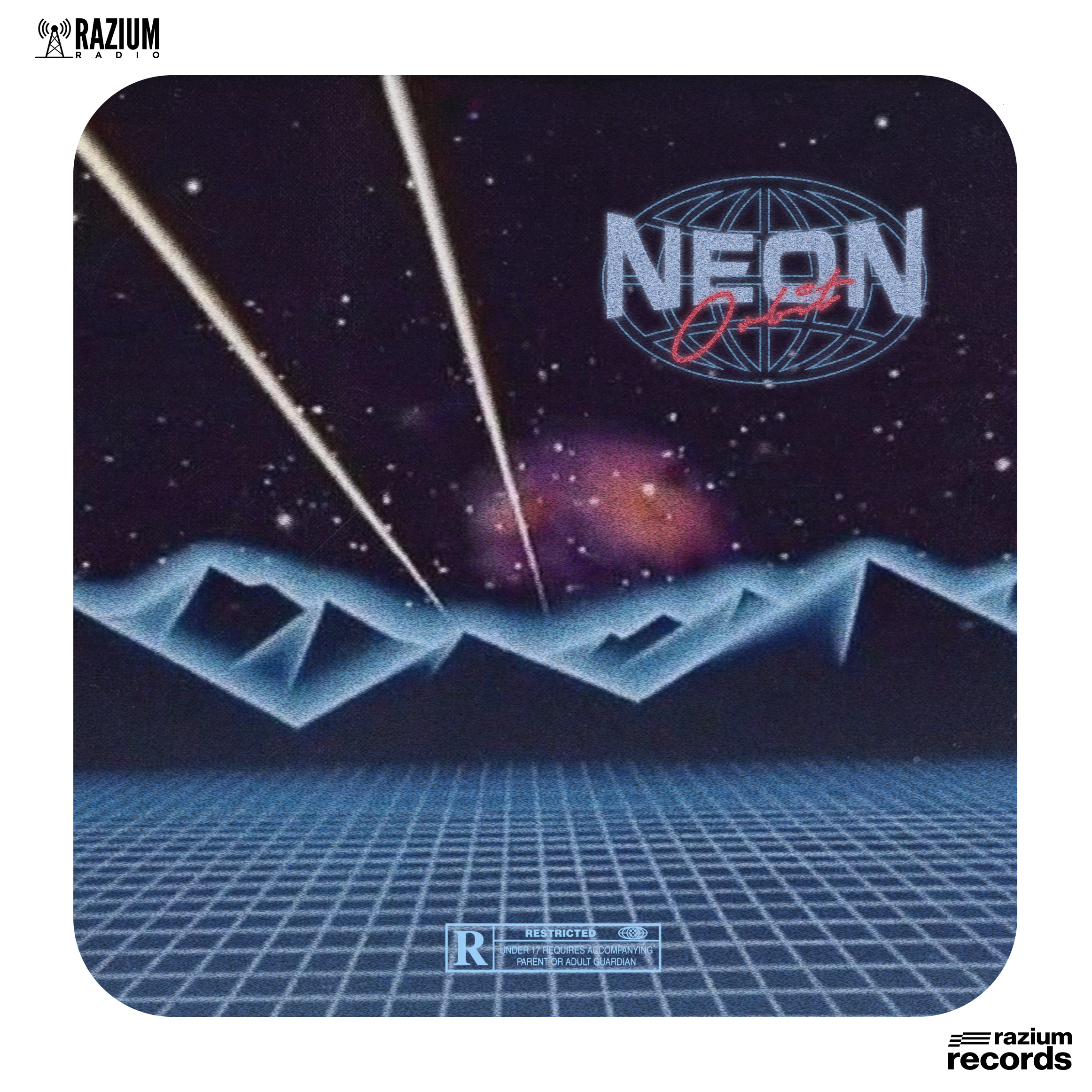 Retro-style digital artwork with a starry space background, neon sign reading NEON 80s, and a grid ground with stylized mountains, promoting Razium Records.