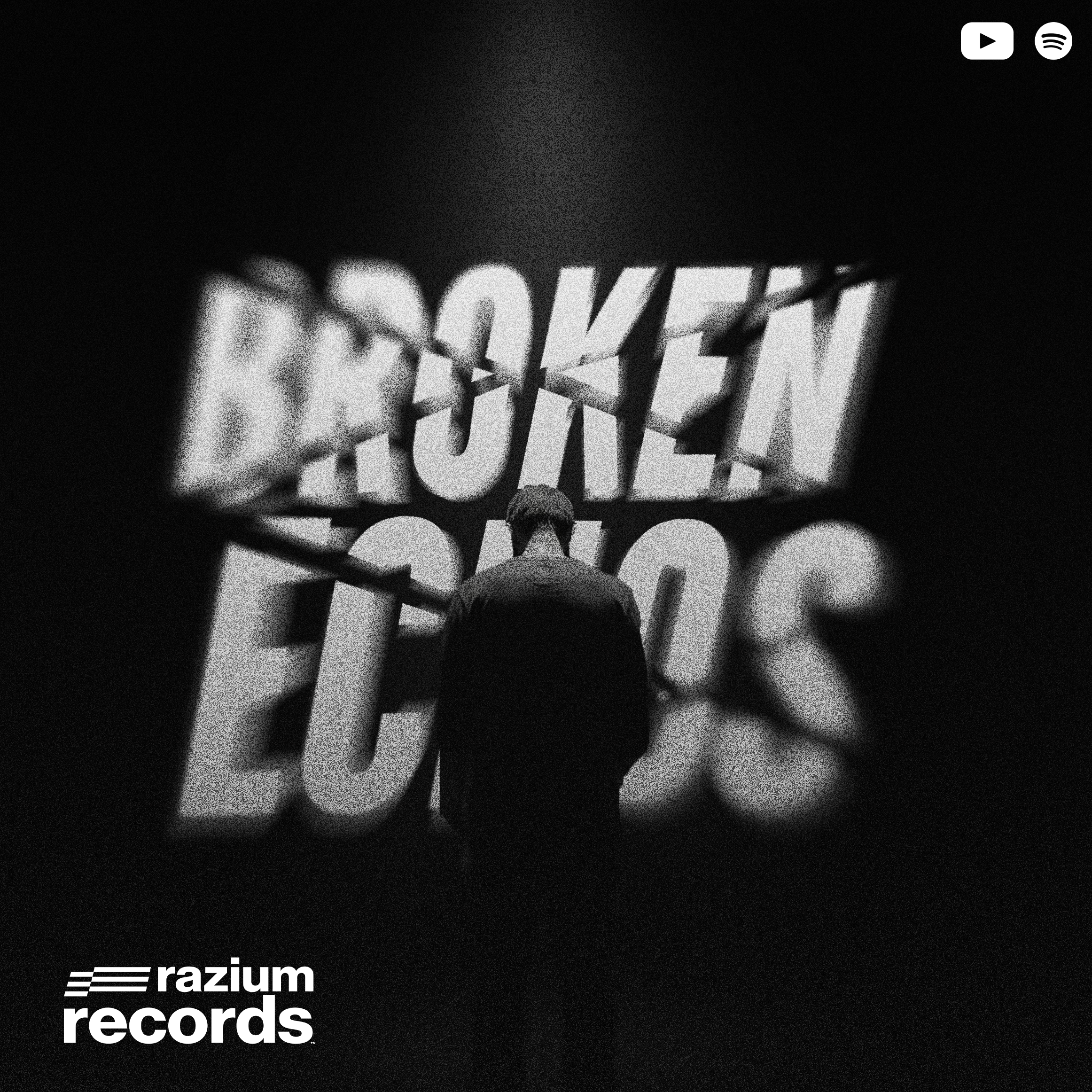 A black and white photo of a person seen from behind, standing in front of illuminating sign that reads 'BROKEN FOCUS.' The sign and person are blurry, creating a dramatic, high-contrast effect. The Razium Records logo is at the bottom left corner.