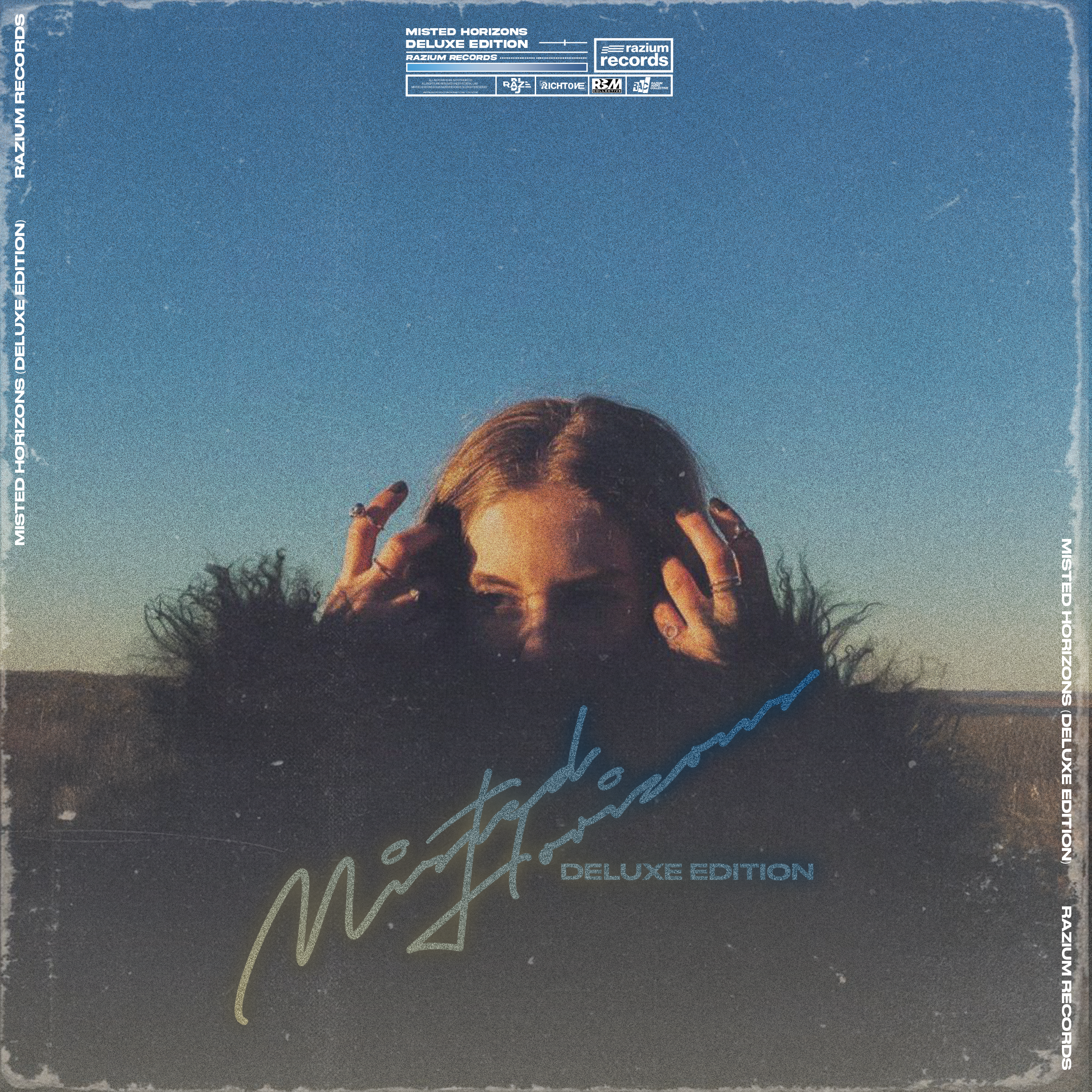 Album cover for Misty Horizons Deluxe Edition by Razium Records, featuring a woman with blonde hair and rings, holding her hands to her head against a blue sky background.