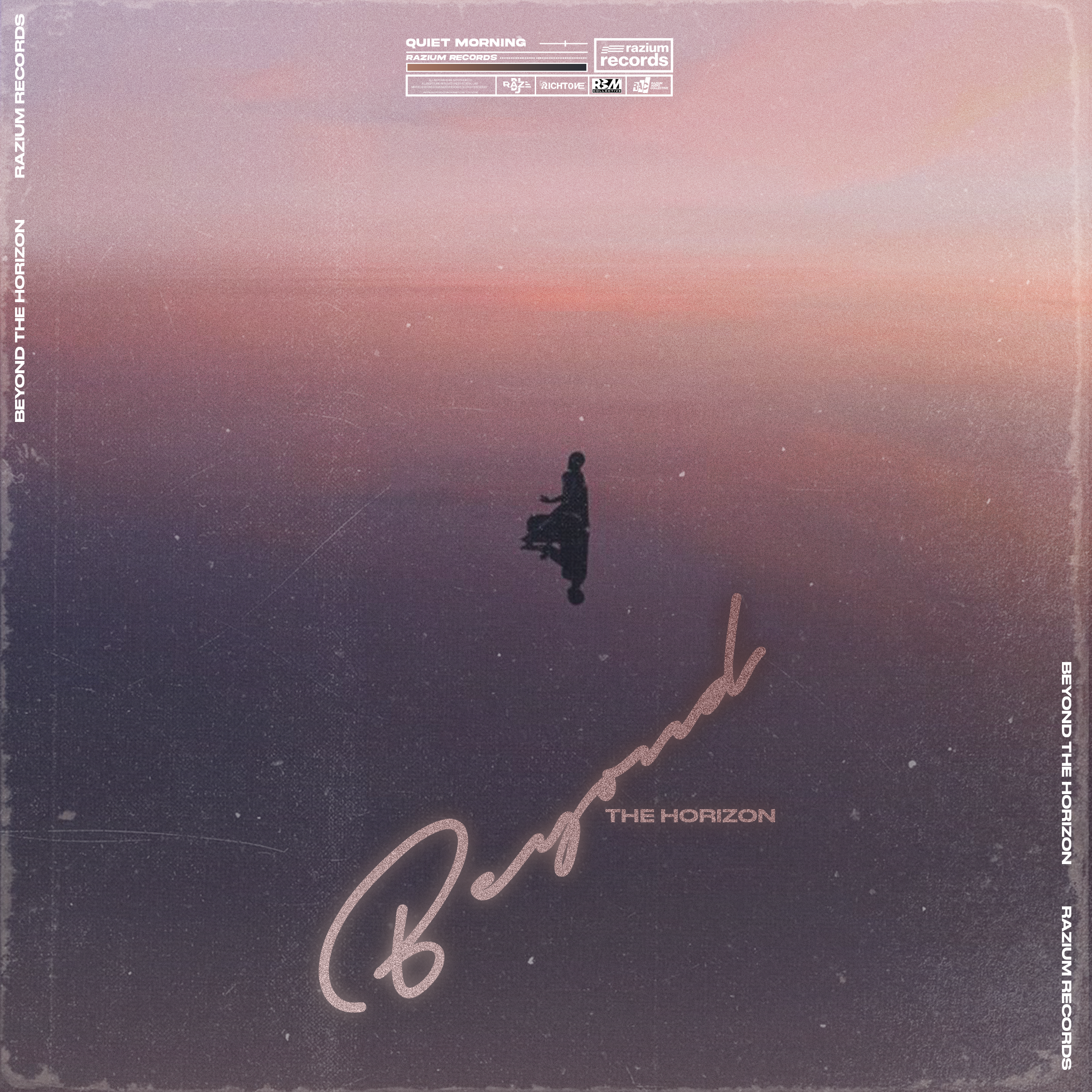 Silhouette of a person sitting on a reflective surface with a pink and purple gradient sky in the background, album cover for Quiet Morning by Raziym Records.