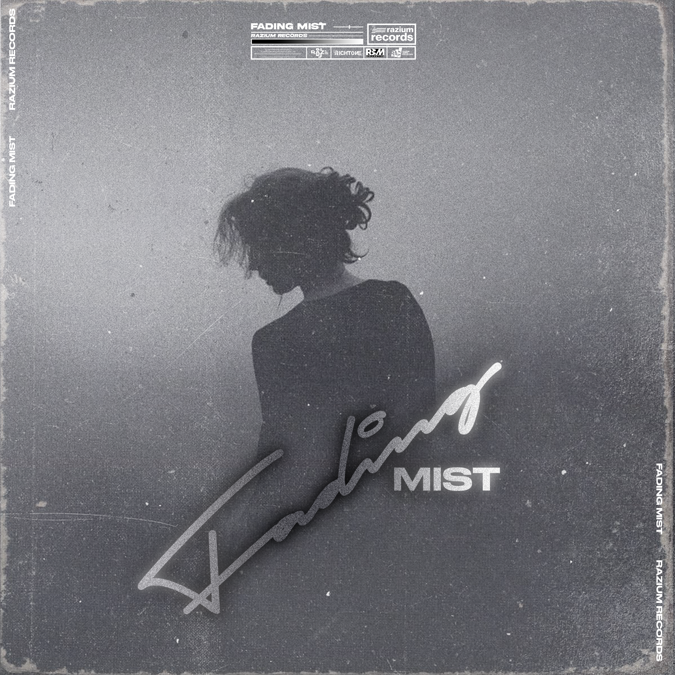 Black and white album cover with a person with curly hair looking down, with text 'Fading Mist' and 'Mist' and a signature across the image.