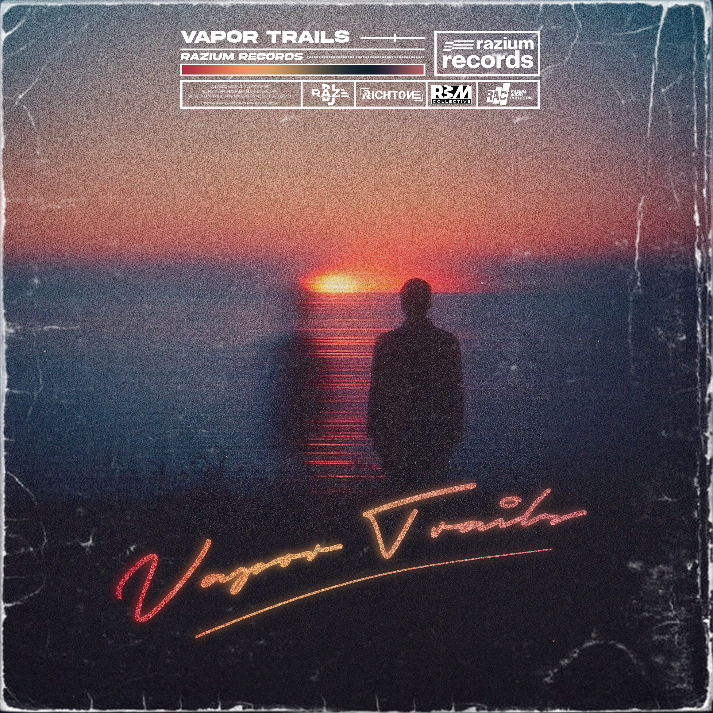 An album cover featuring a silhouette of a person standing by the water at sunset, with a cloudy sky and the sun setting on the horizon. The cover has a vintage, worn appearance with visible scratches and creases. The text includes "Vapor Trails" at 