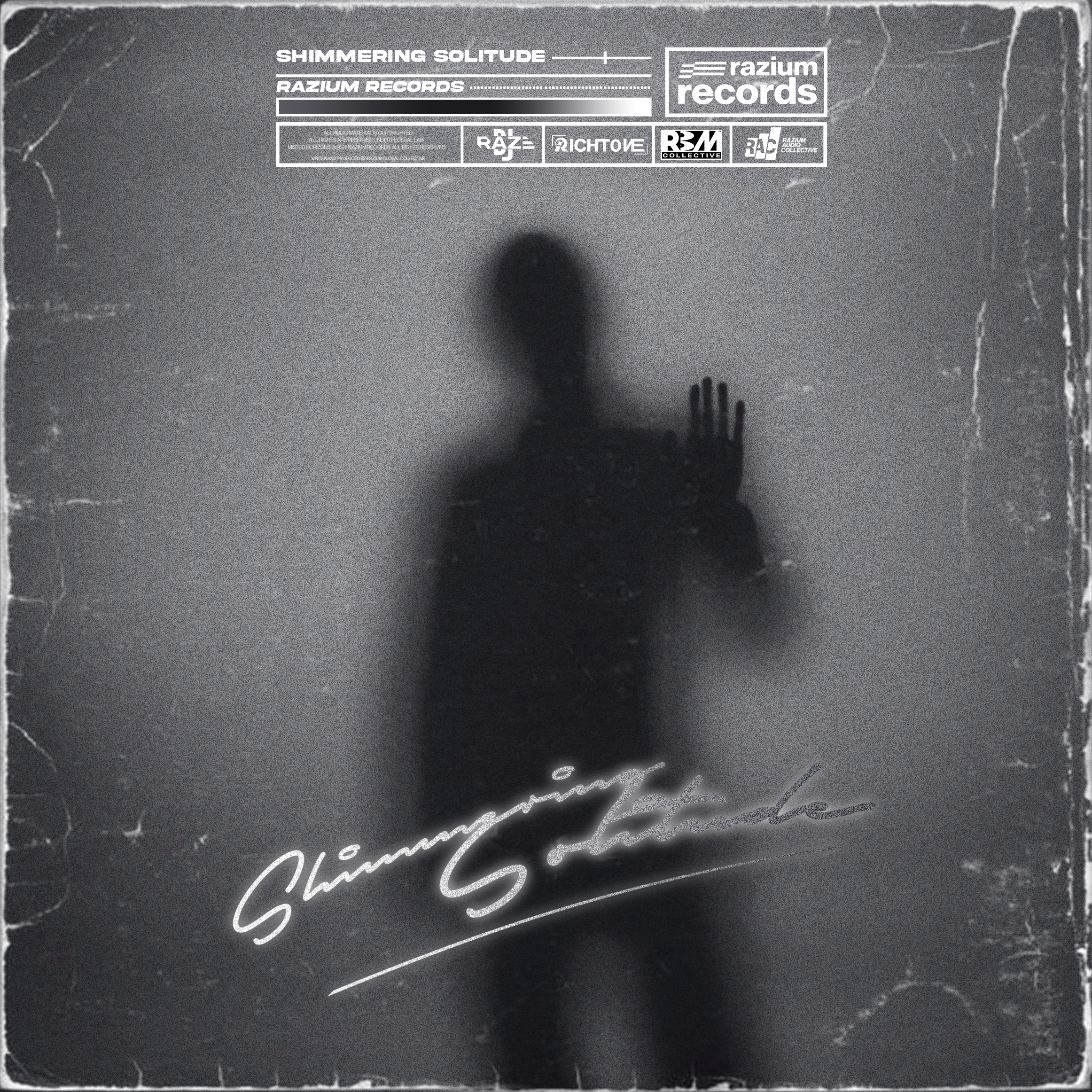 A silhouette of a person pressing their hand against a foggy or frosted glass surface, with the words 'Shimmering Solitude' and various record label logos and text on the top of the cover.