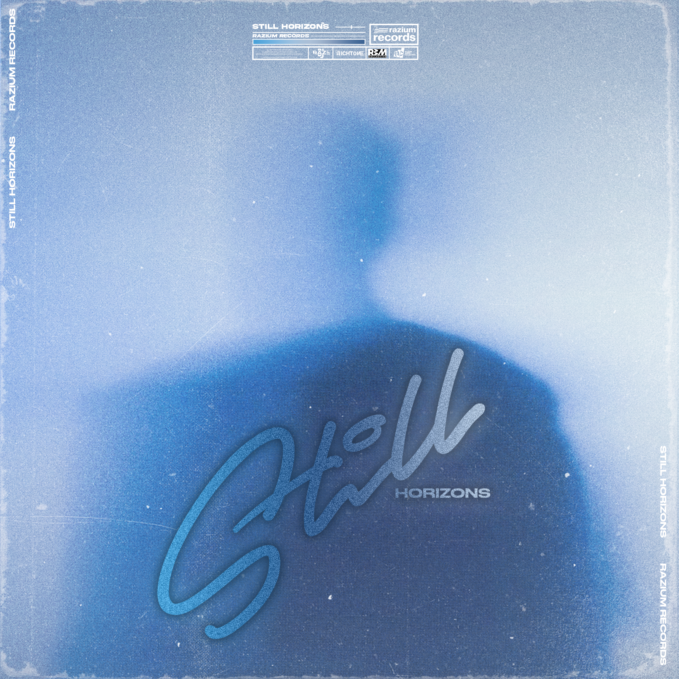 Blurred silhouette of a person against a blue background with the text 'Still Horizons' and 'Razium Records' at the top and along the sides, and cursive text 'Still' with 'Horizons' written underneath in smaller font.