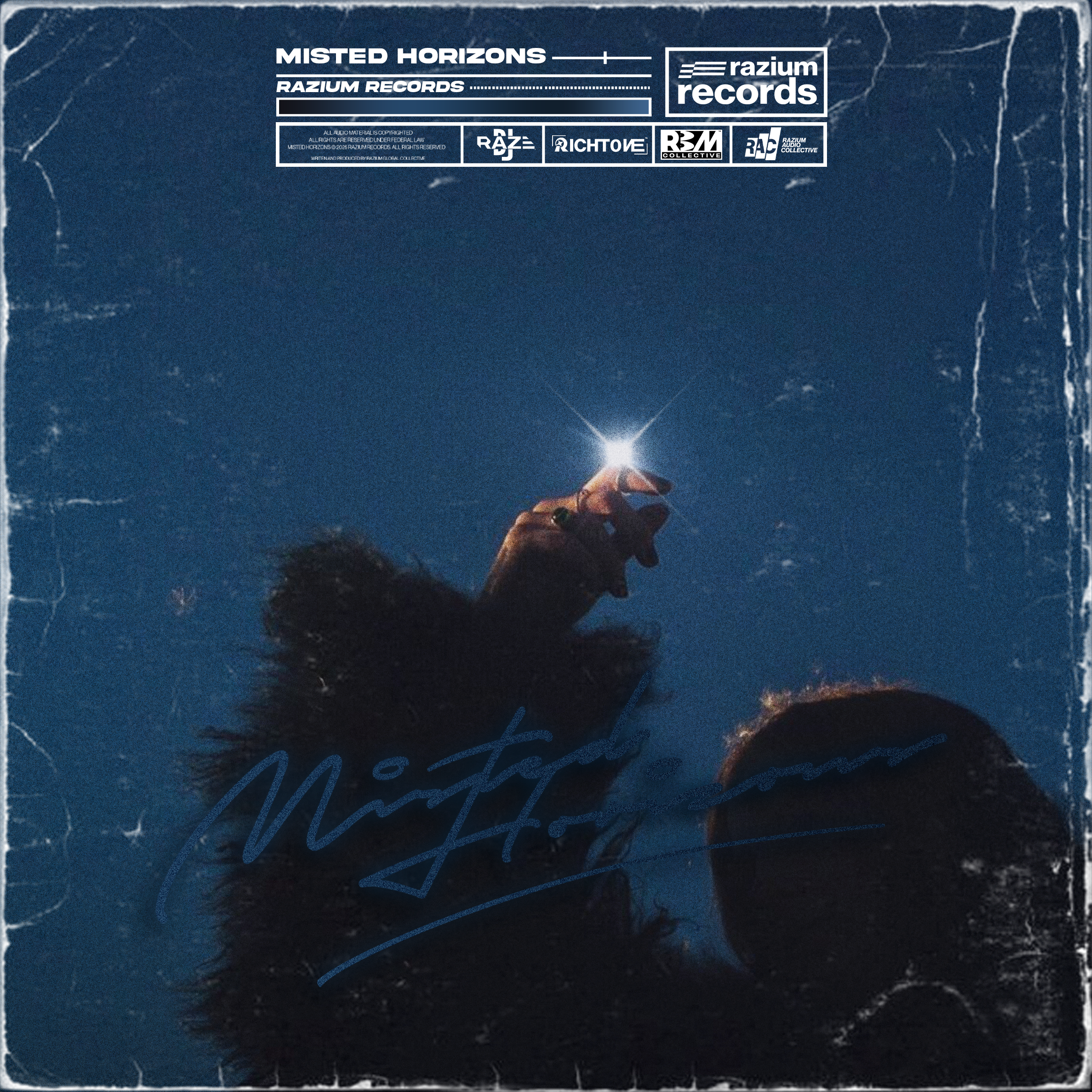 Album cover featuring a hand reaching towards the sky with a bright light on the index finger ending in a point, against a blue sky background. The band's name, Misted Horizons, and other record label information are printed at the top.