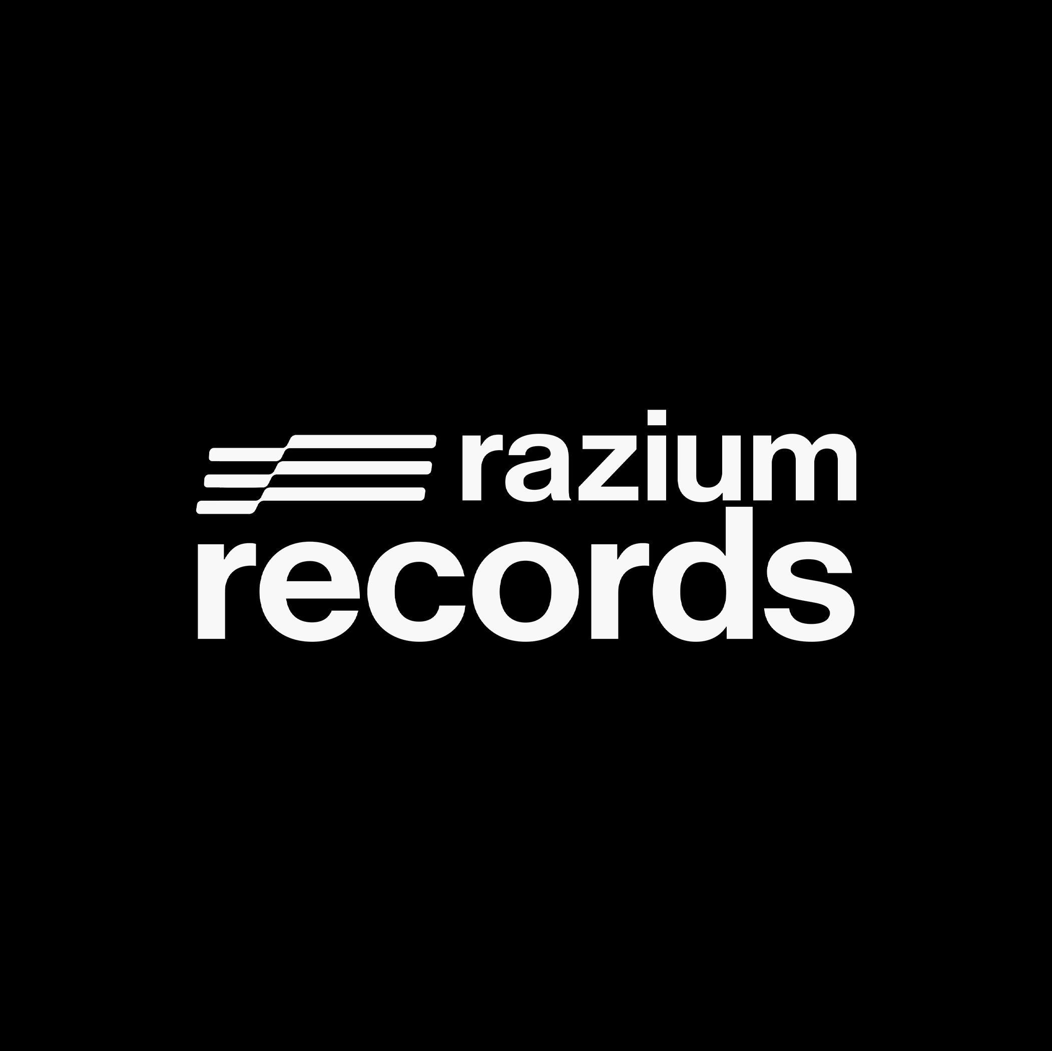 Black background with white Razium Records logo, featuring a stylized record and the text 'razium records'.