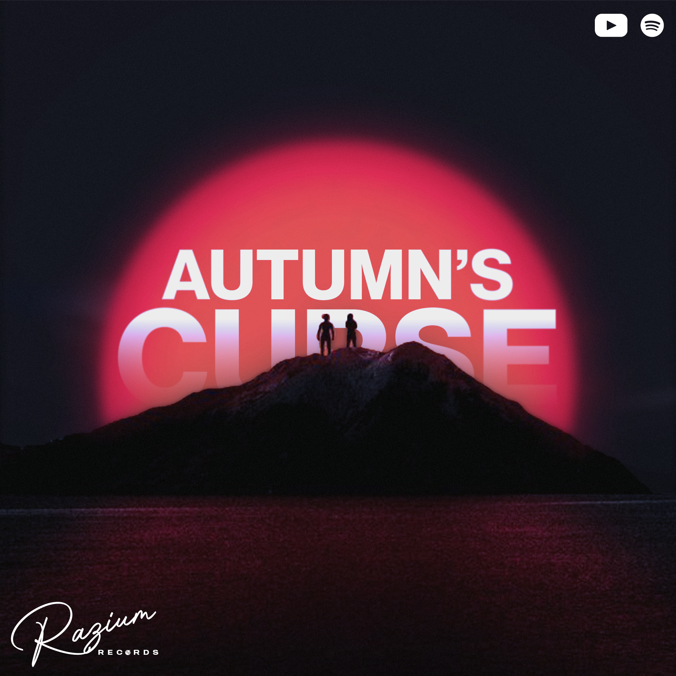 A dark night scene with a red glow in the sky and two silhouetted people standing on a rocky hill, behind a large red neon sign that reads 'AUTUMN'S' and has part of the word 'CHURCH' visible at the bottom. The scene is on the cover of an album or re