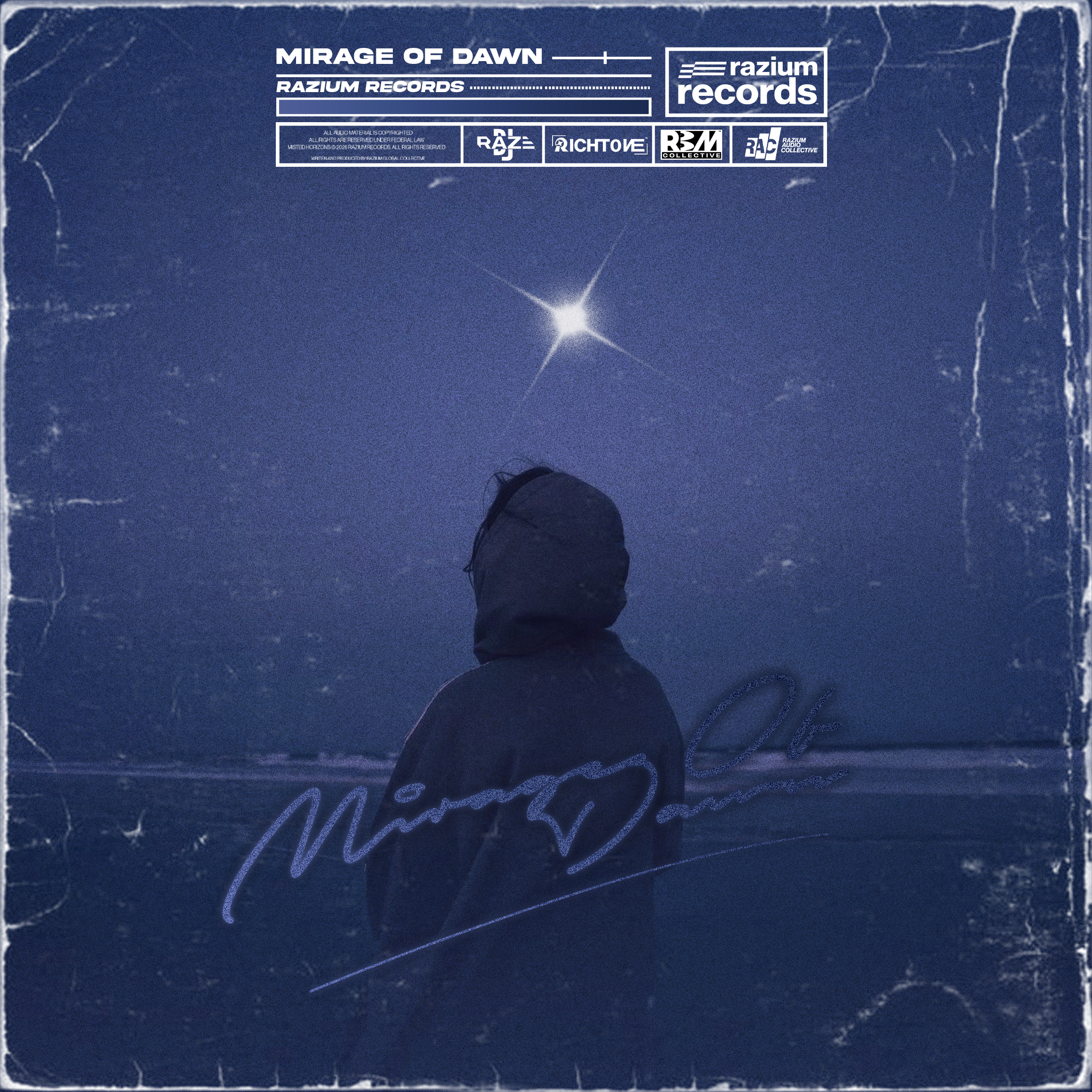 A person in a dark hooded jacket standing outdoors at dusk, looking at a bright star in the night sky. The image has a blue tint and a textured, vintage appearance with distortions and scratches.