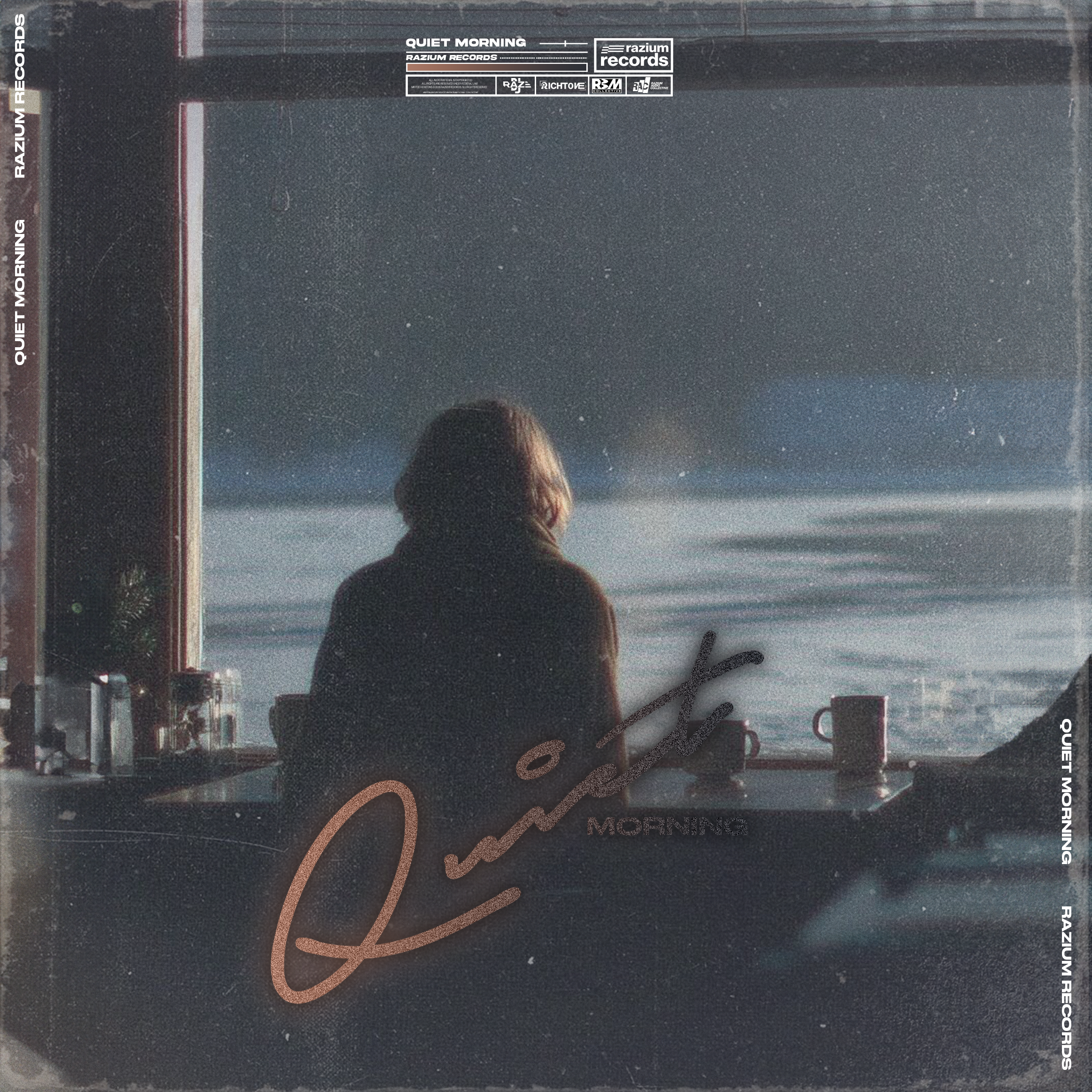 A woman with shoulder-length hair sits at a window table, looking out at a starry night sky over a body of water, with a cup and some items on the table.